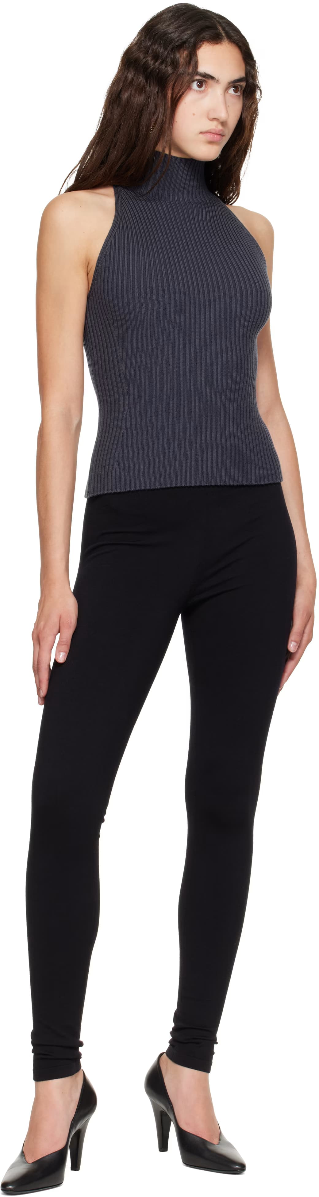 Gray Halter Neck Rib Knit Tank Top 4