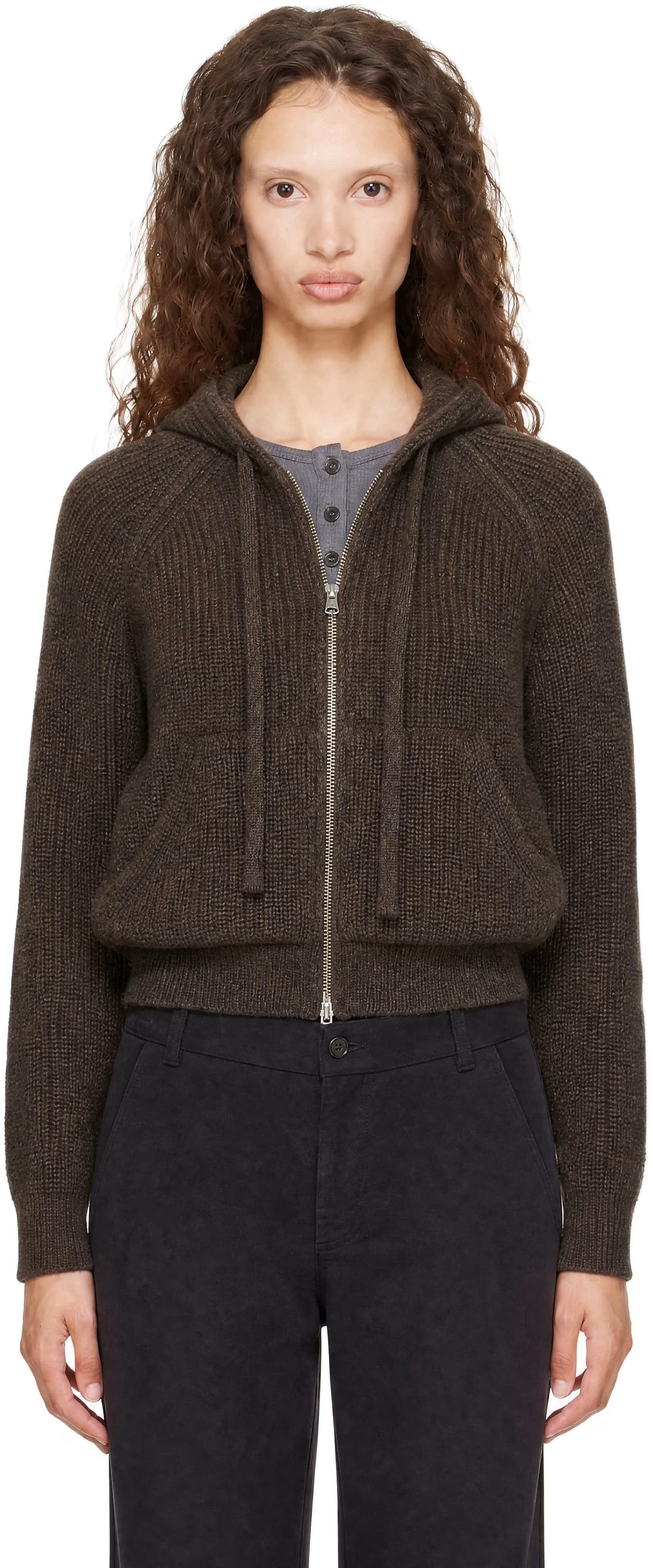 Brown Hooded Knit Cardigan by Dunst