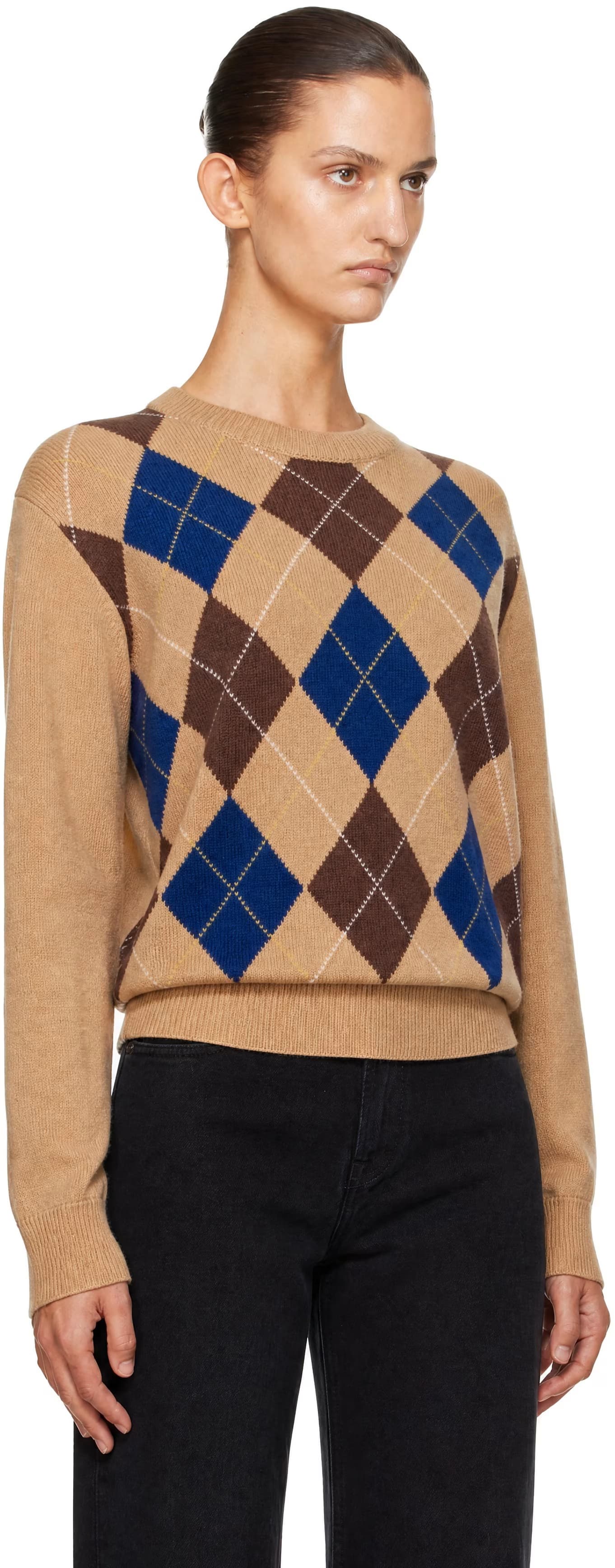 Beige Argyle Crewneck Sweater 2