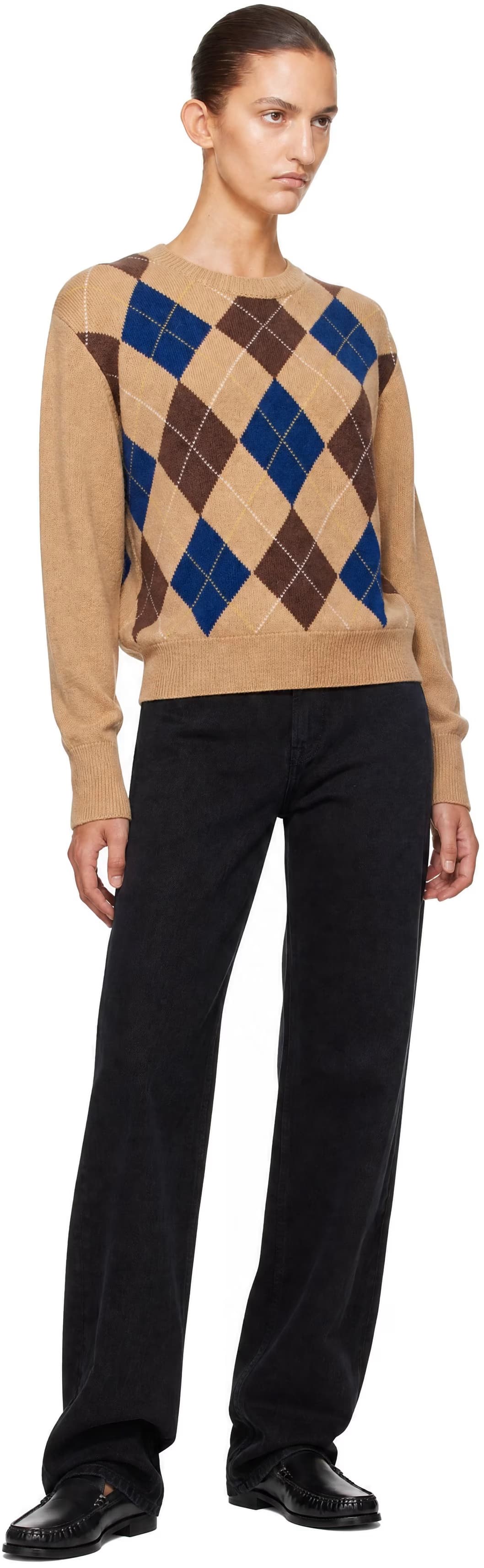 Beige Argyle Crewneck Sweater 4