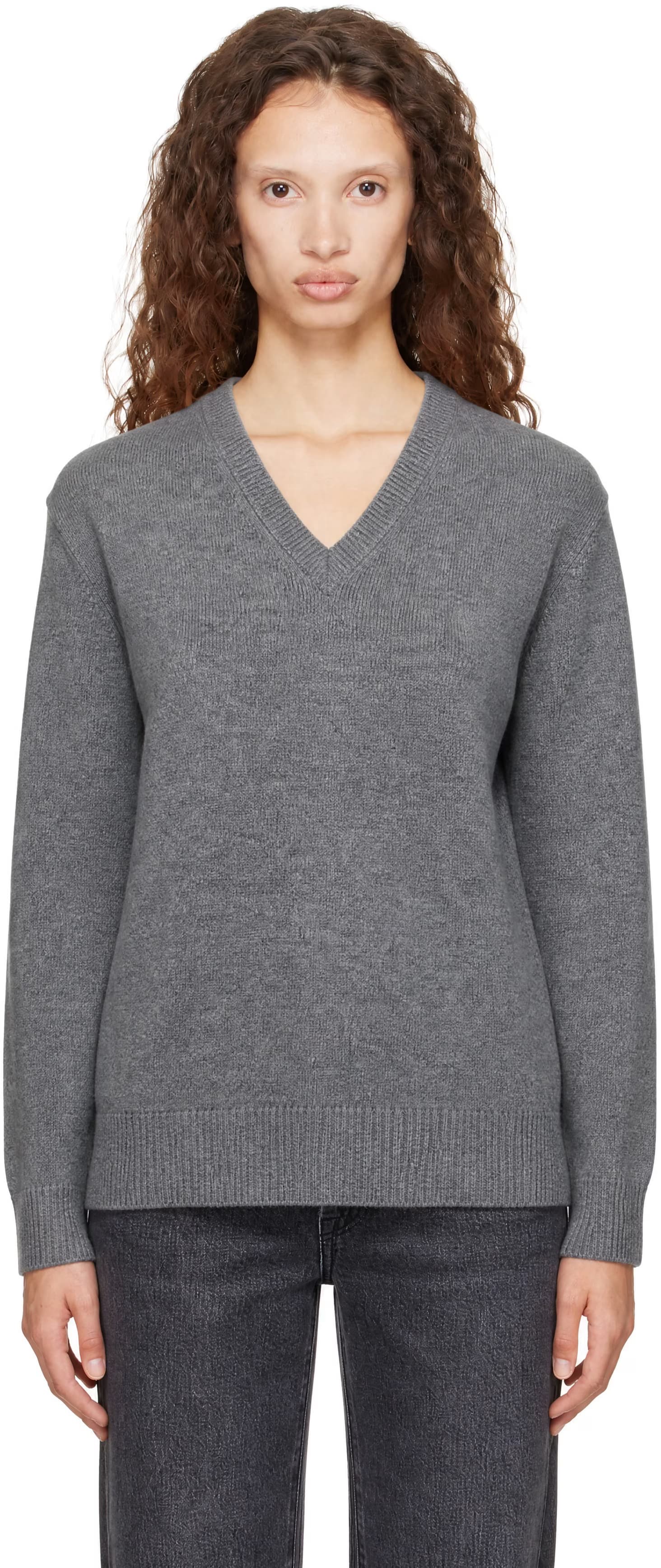 Gray Cashmere V-Neck Sweater by Dunst