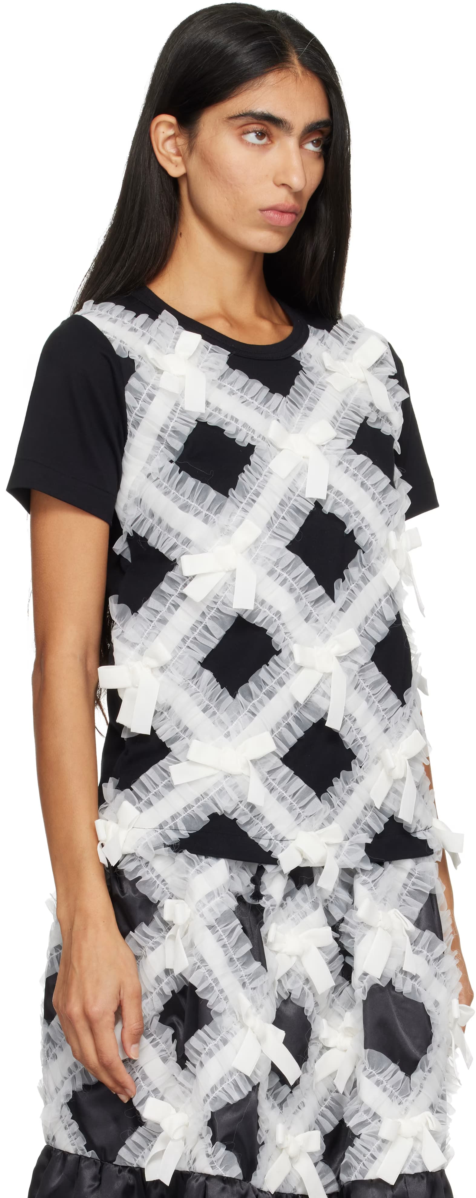Black & White Gather Tape Decoration T-shirt 2