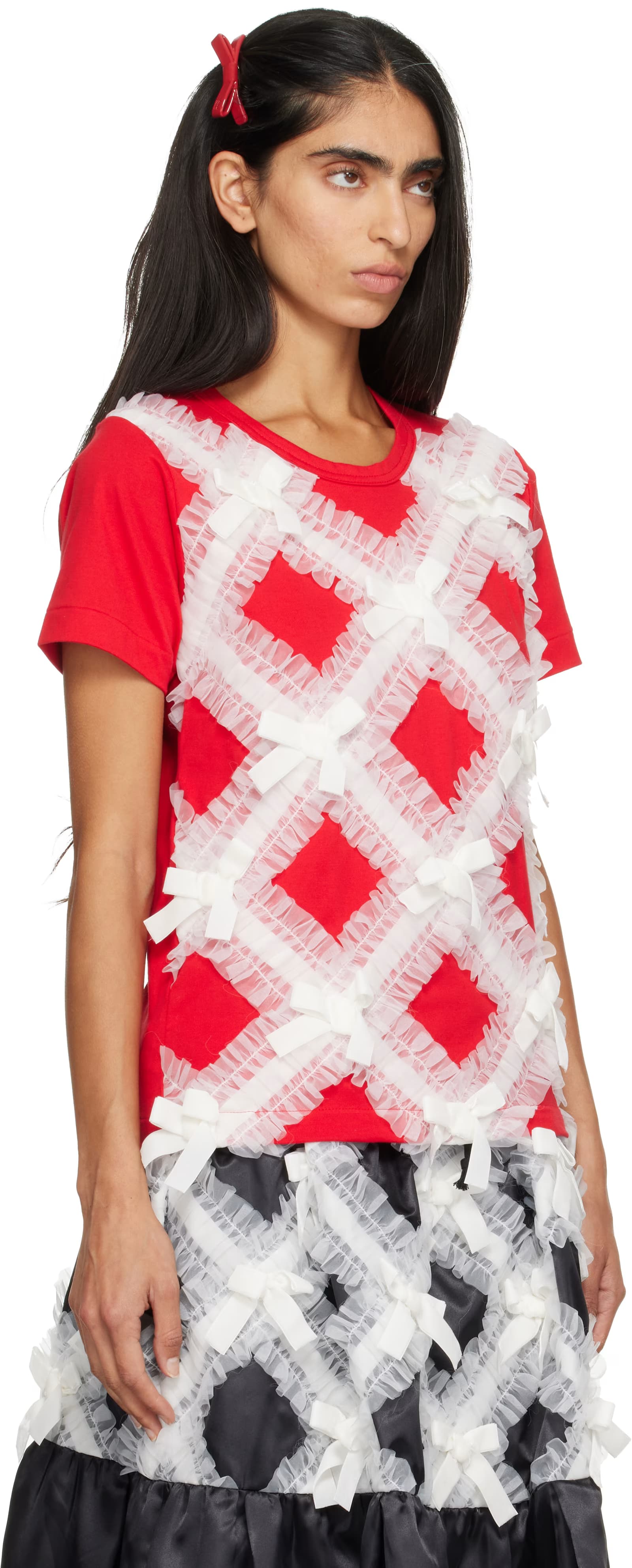 Red & White Gather Tape Decoration T-shirt 2