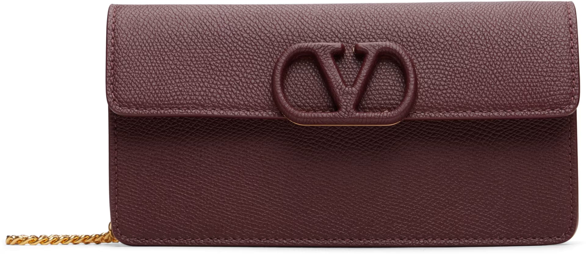Burgundy VLogo Signature Grainy Calfskin Wallet With Chain Bag by Valentino Garavani