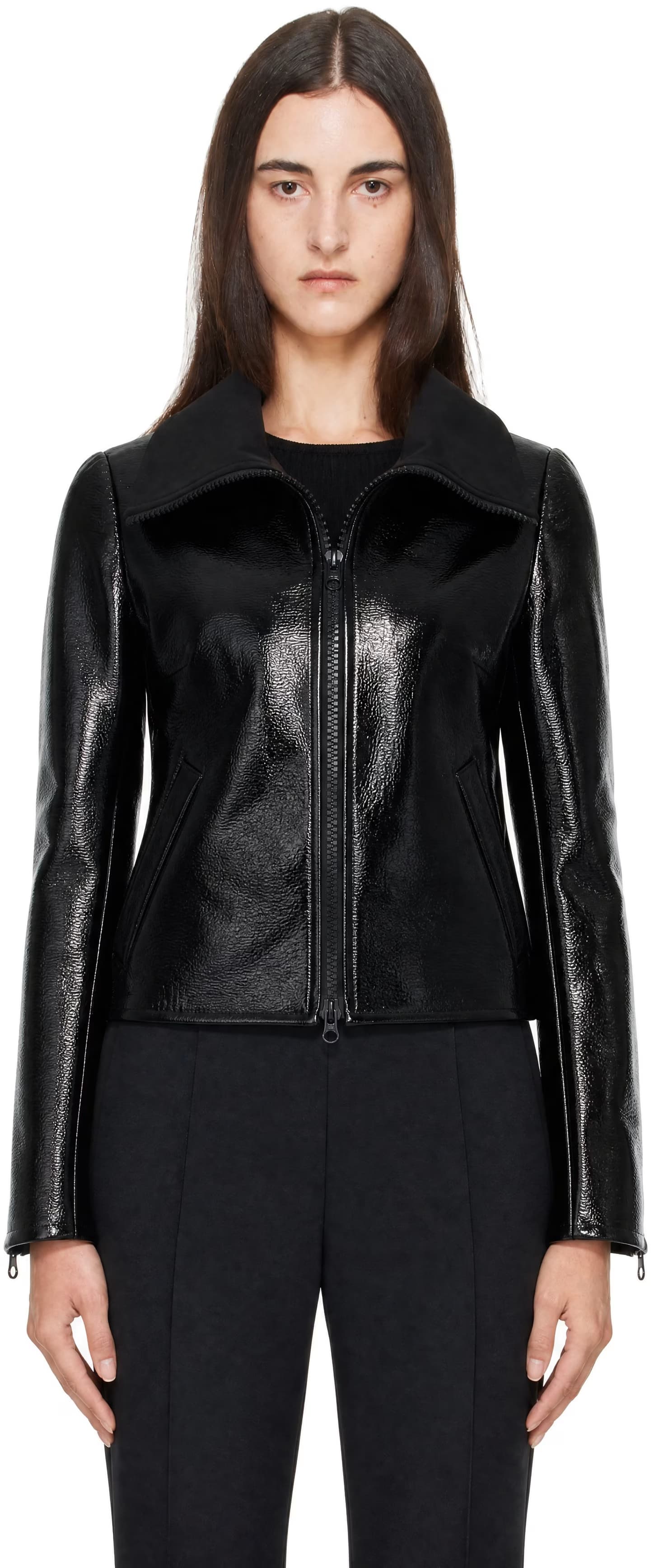 Black High Collar Croc-Embossed Vinyl Jacket by Courrèges
