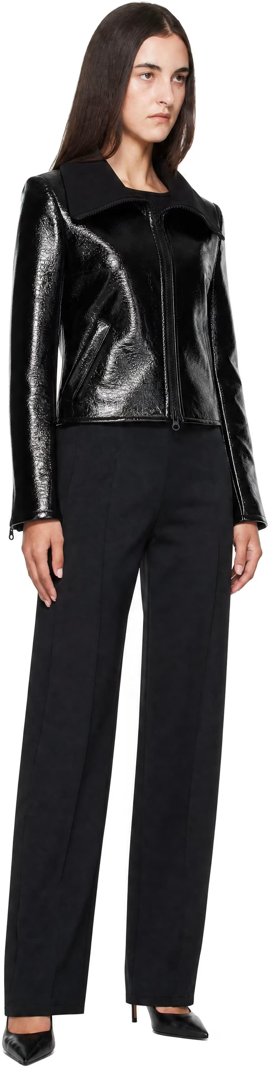 Black High Collar Croc-Embossed Vinyl Jacket by Courrèges