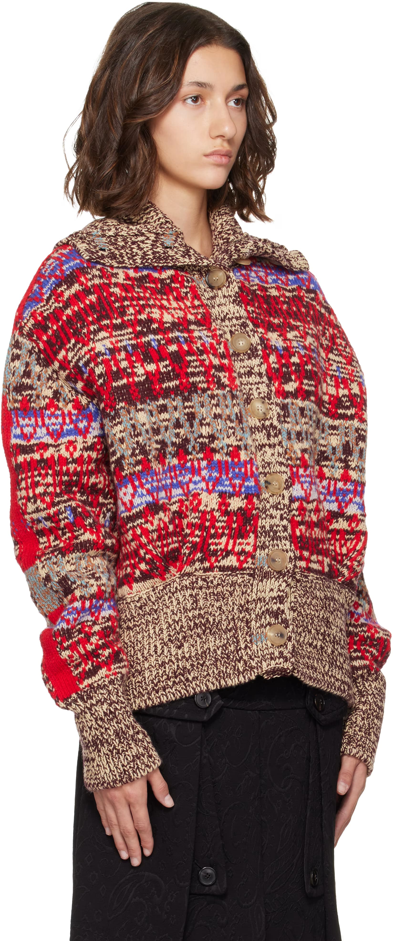 Beige & Red Jacquard Wool Cardigan 2