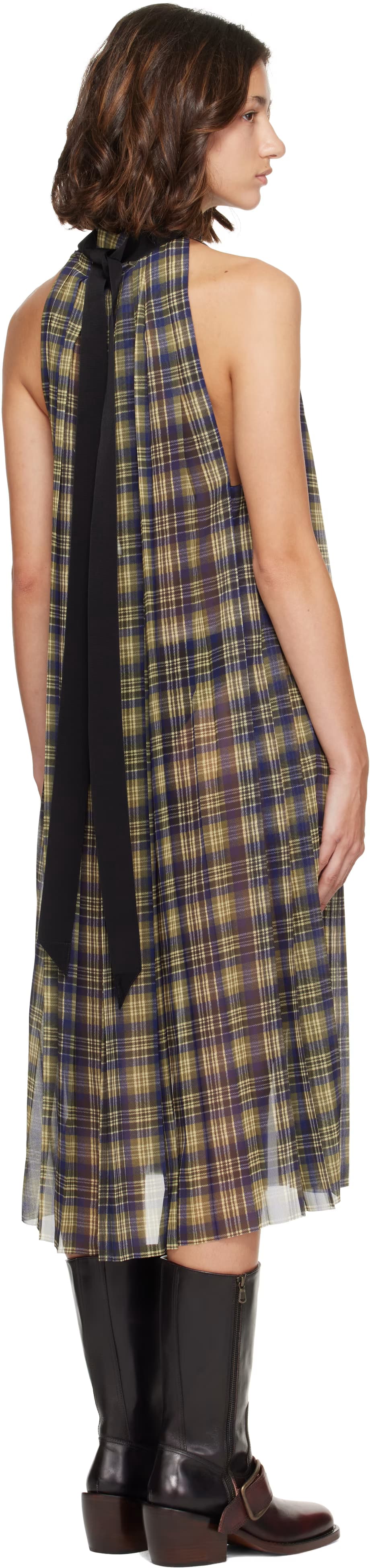 Blue & Green Pleated Check Chiffon Midi Dress 3