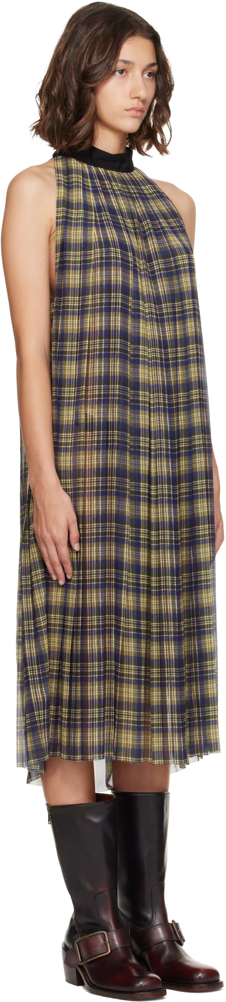 Blue & Green Pleated Check Chiffon Midi Dress 2