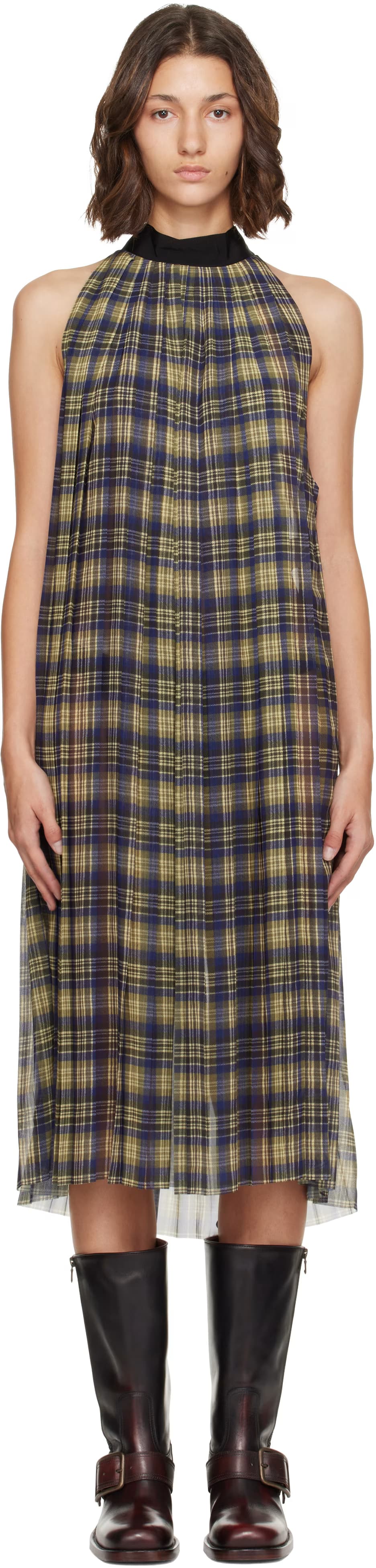 Blue & Green Pleated Check Chiffon Midi Dress by Dries Van Noten