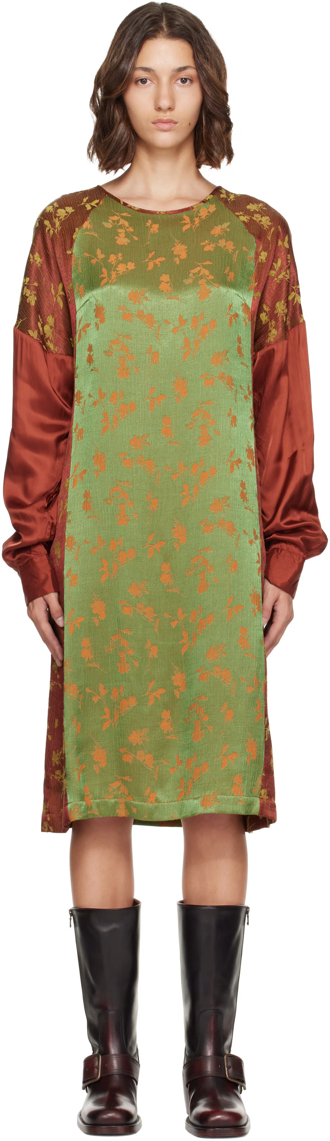 Orange & Green Floral Satin Midi Dress by Dries Van Noten
