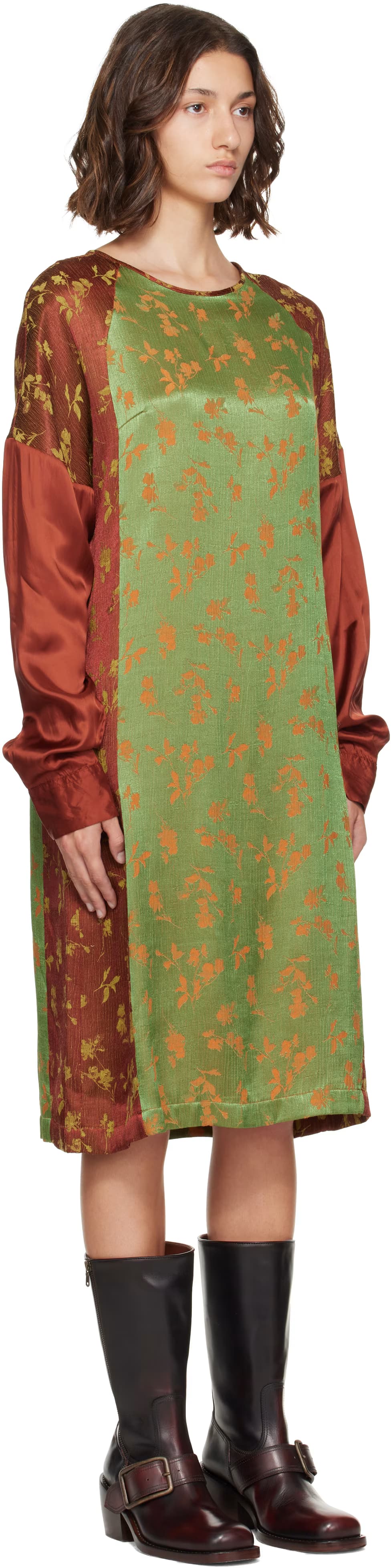 Orange & Green Floral Satin Midi Dress 2