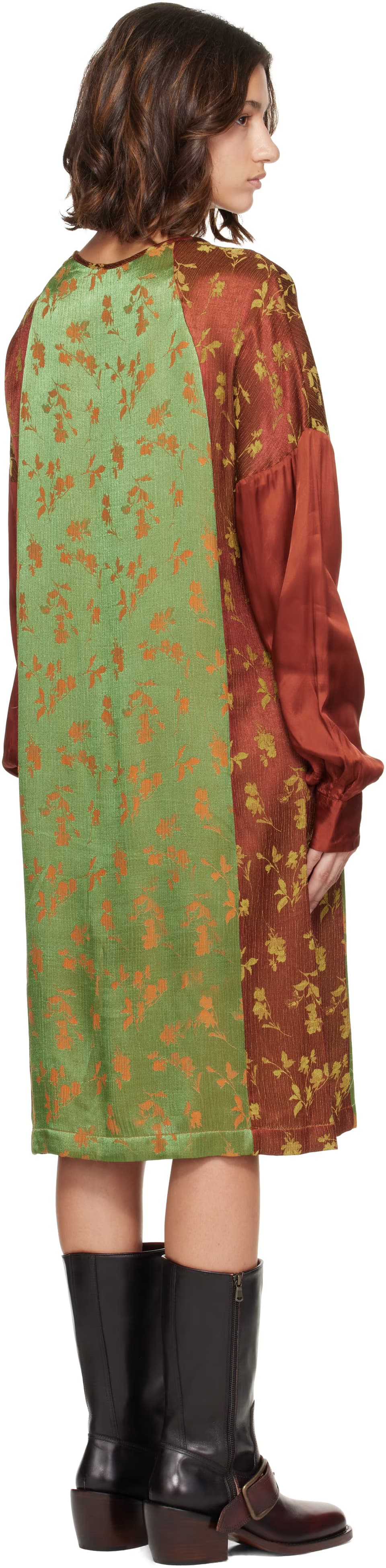 Orange & Green Floral Satin Midi Dress 3