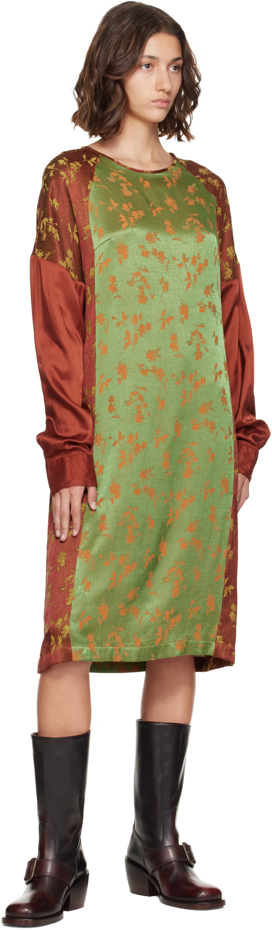 Orange & Green Floral Satin Midi Dress 4