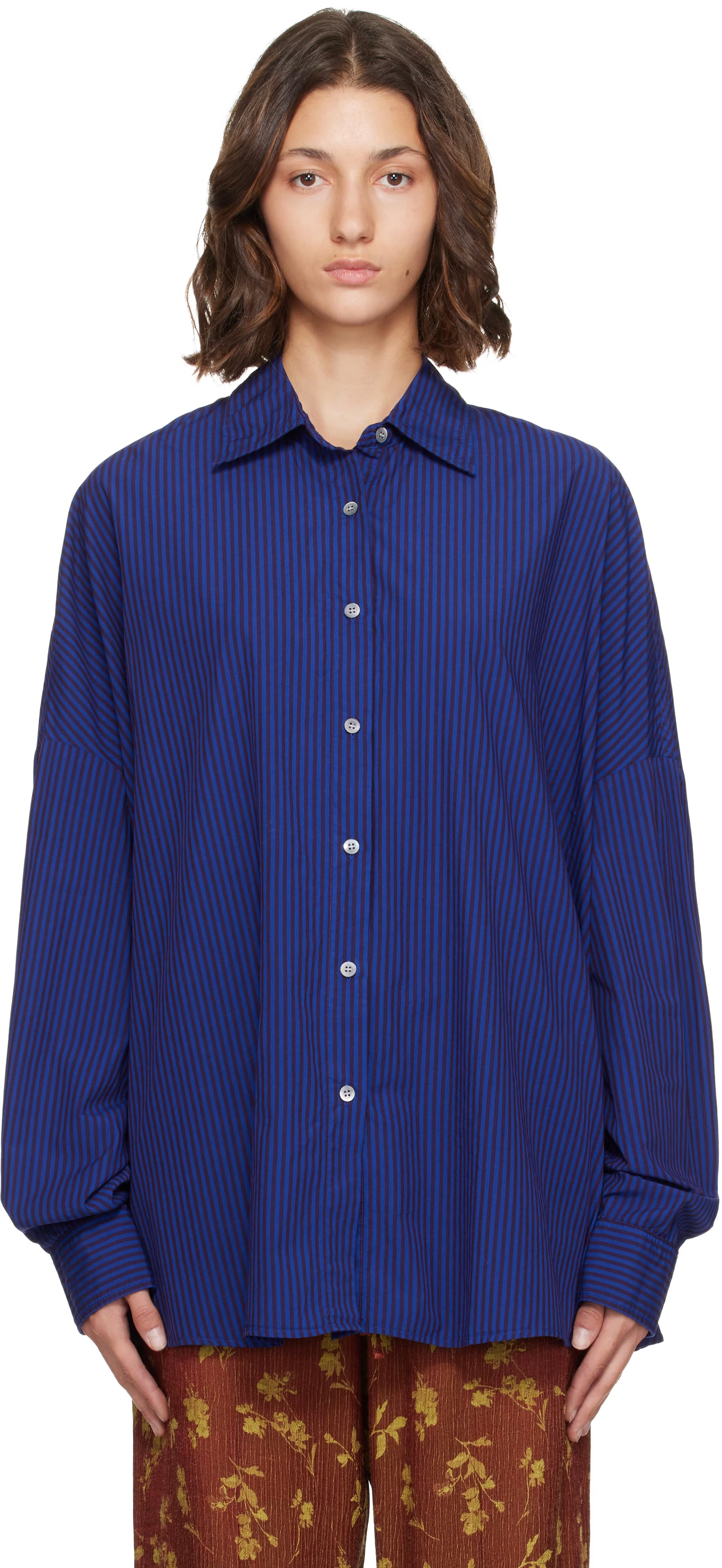 Blue & Burgundy Striped Cotton Shirt by Dries Van Noten