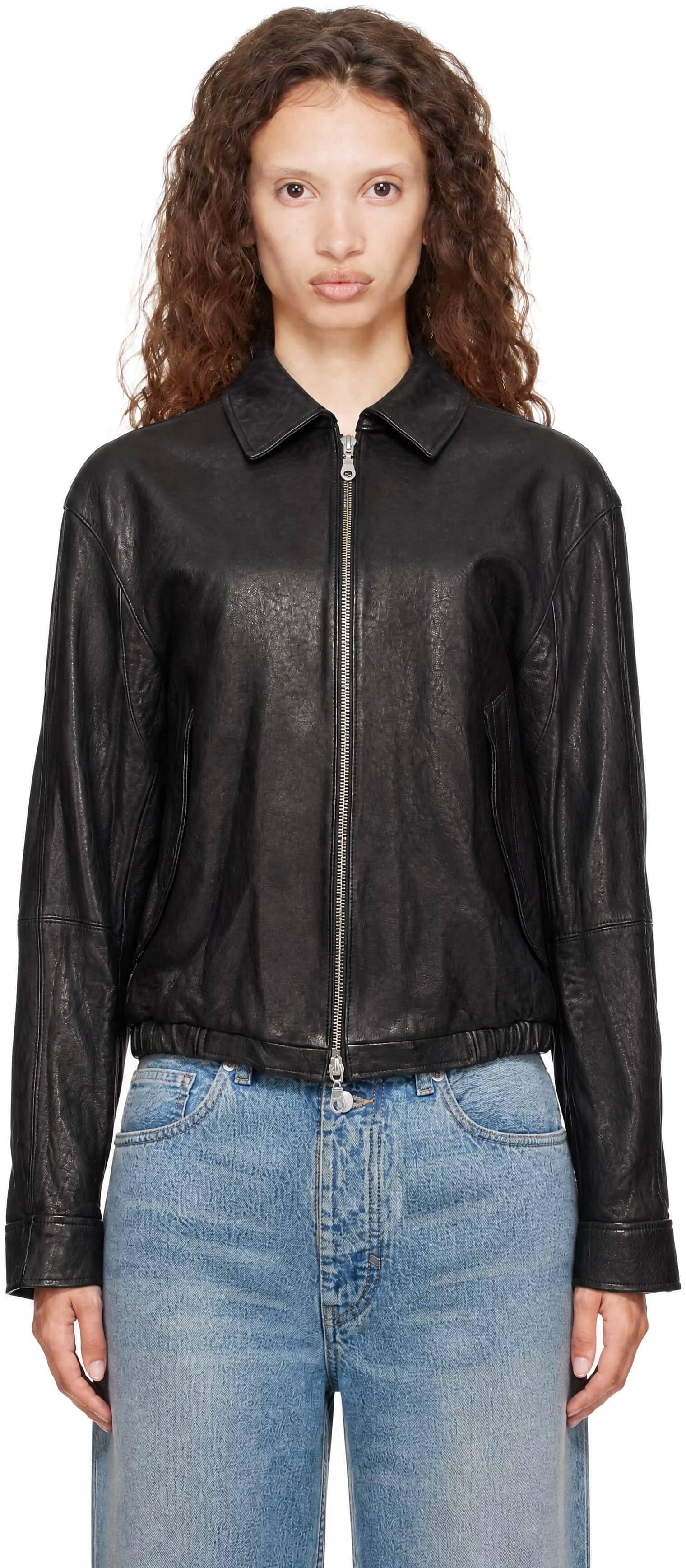 Black Vegetable Swingtop Pleated Leather Jacket by COOR