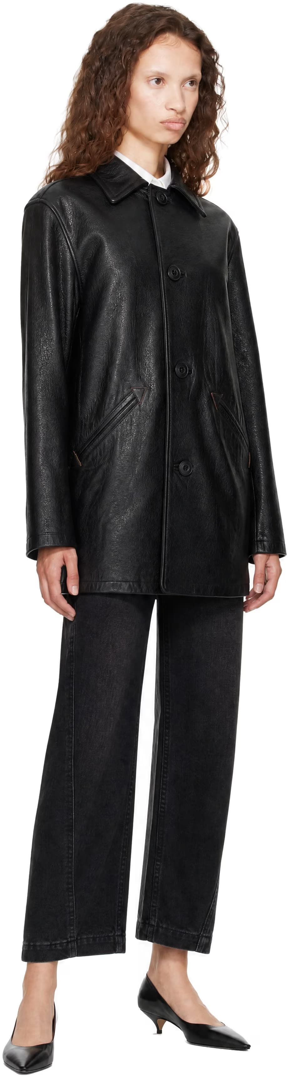 Black Chevron Stitched Cow Leather Car Coat 4