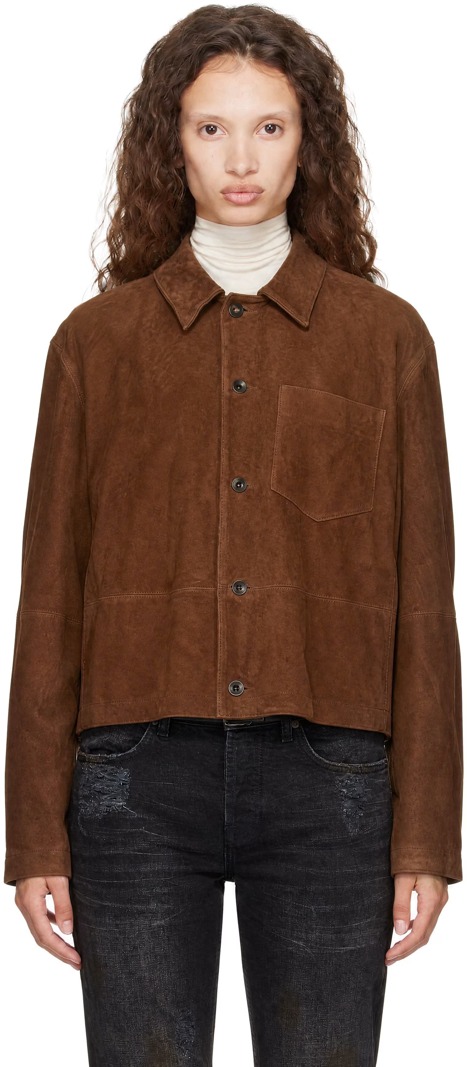 Brown Pleated Wash Leather Overshirt by COOR