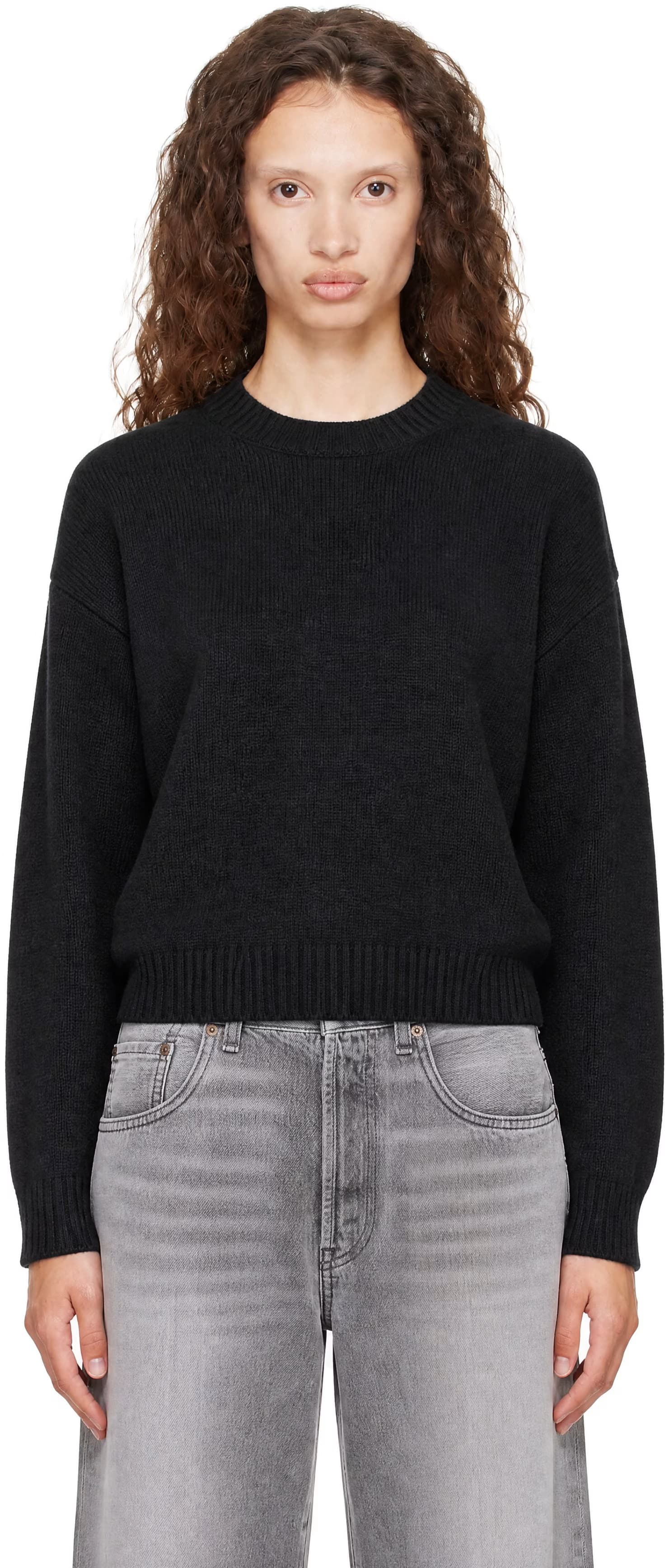 Black Wool Cropped Crewneck Sweater by COOR