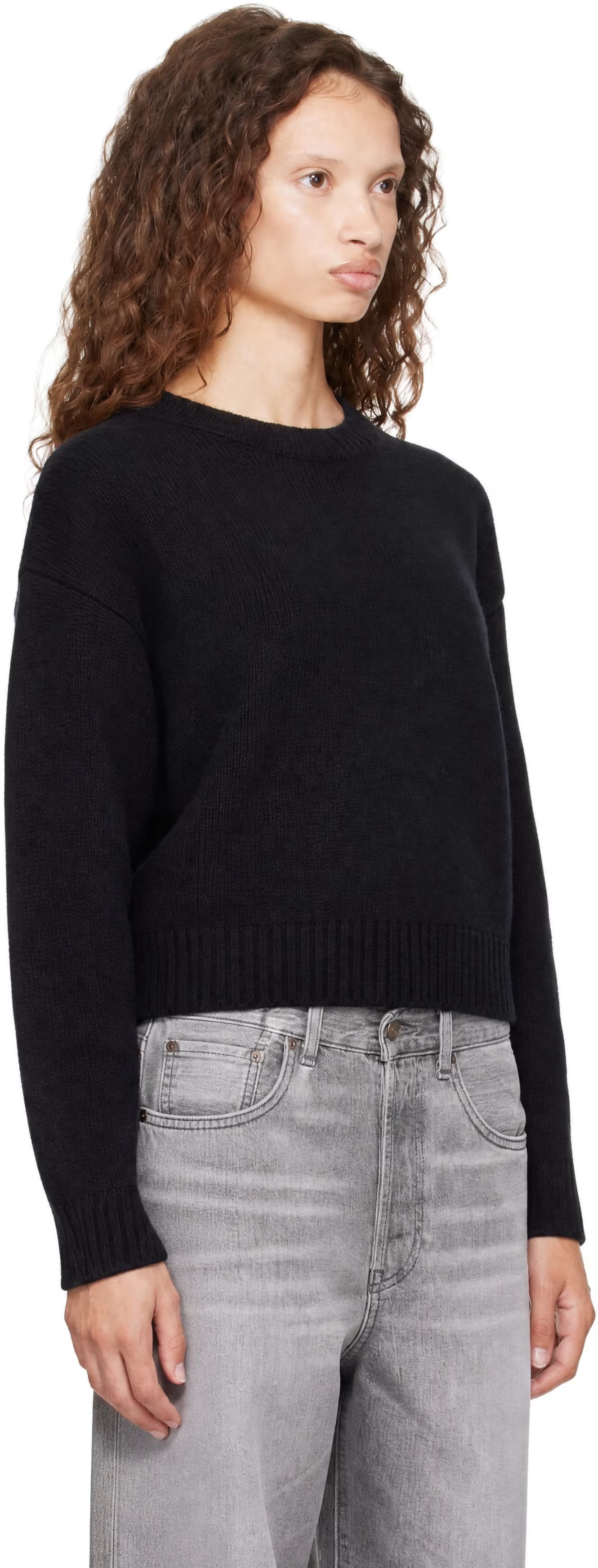 Black Wool Cropped Crewneck Sweater 2
