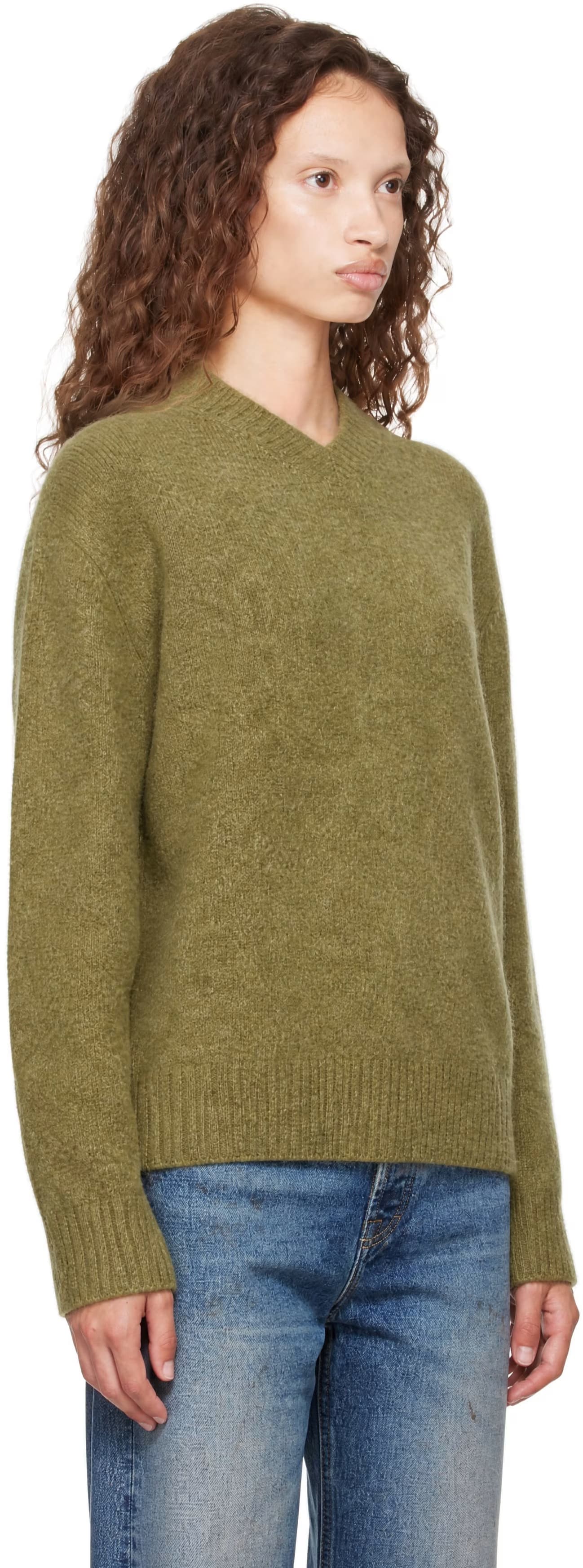 Green Wool Blend Hairy V-Neck Sweater 2