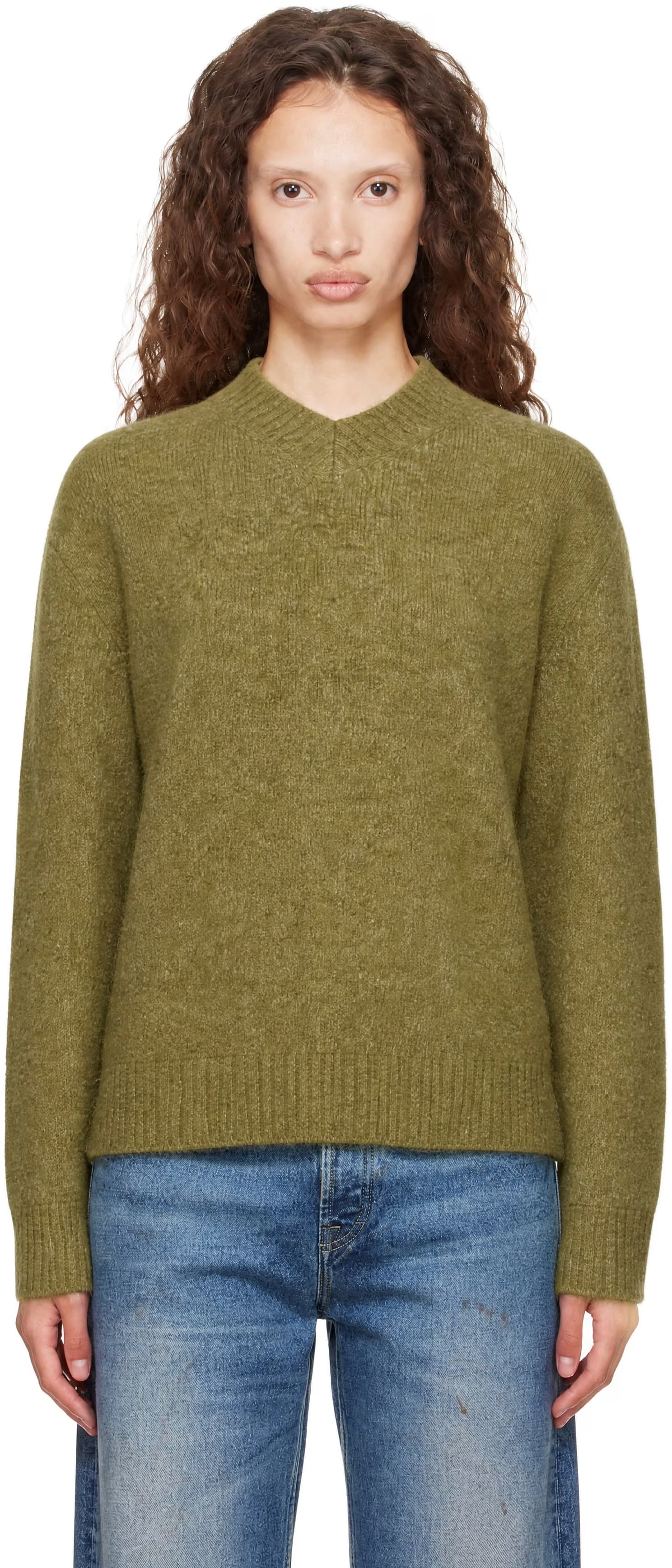 Green Wool Blend Hairy V-Neck Sweater by COOR