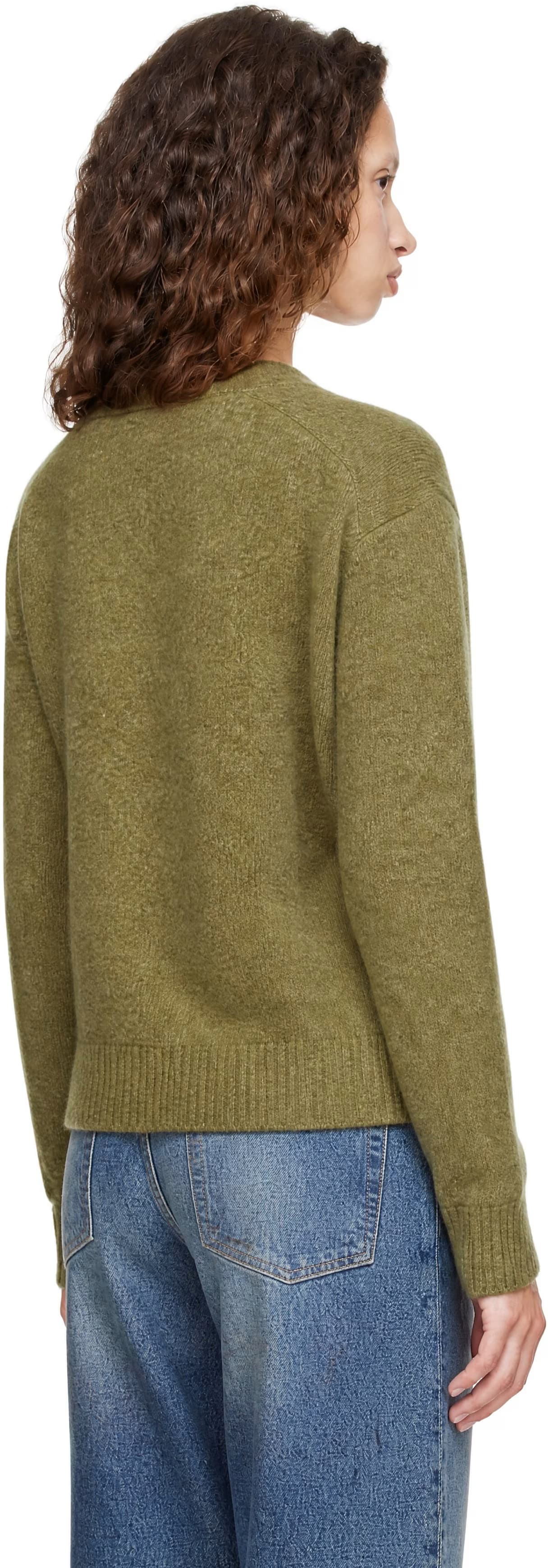 Green Wool Blend Hairy V-Neck Sweater 3