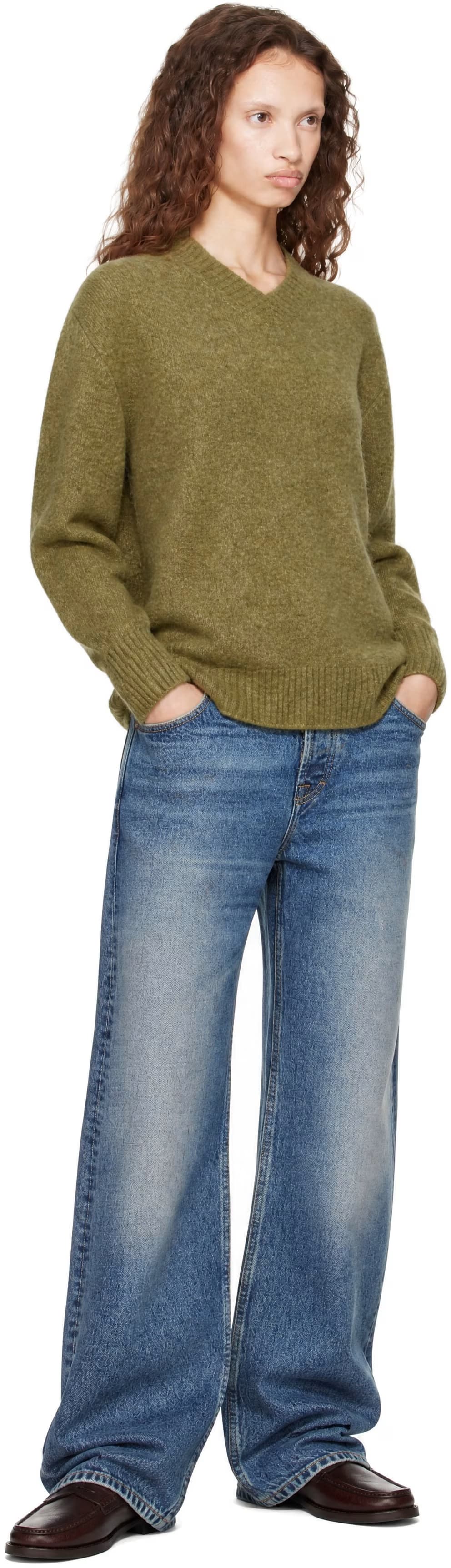 Green Wool Blend Hairy V-Neck Sweater 4