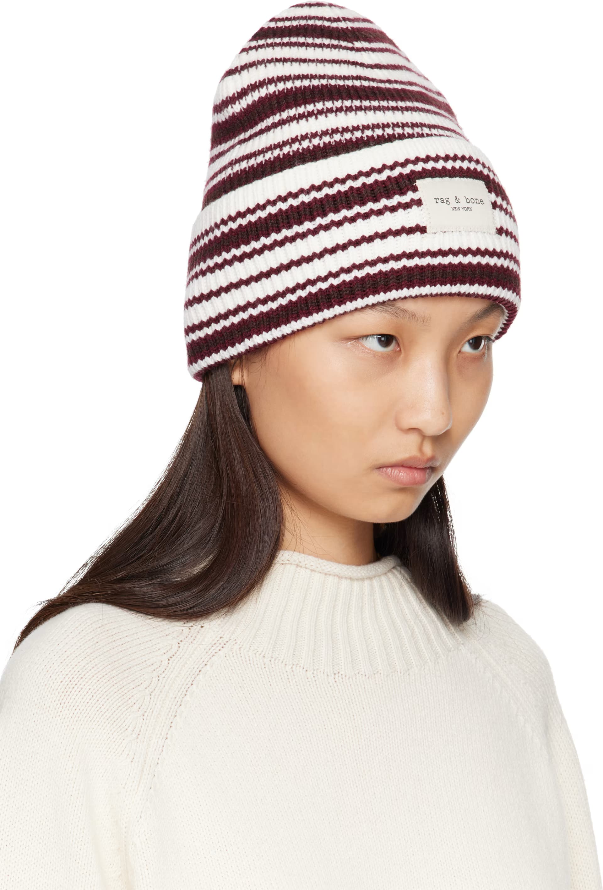 White & Brown Blake Rib-Knit Stripe Beanie by rag & bone