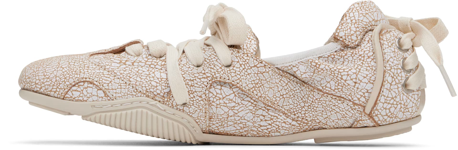 White & Beige Lace-Up Leather Sneakers 3