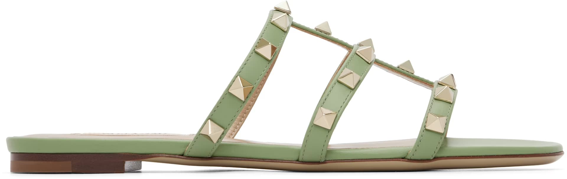 Green Rockstud Flat Slide Sandals by Valentino Garavani