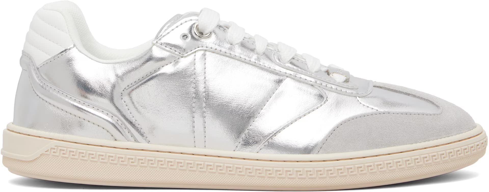 Silver Greca Court Metallic Sneakers by Versace
