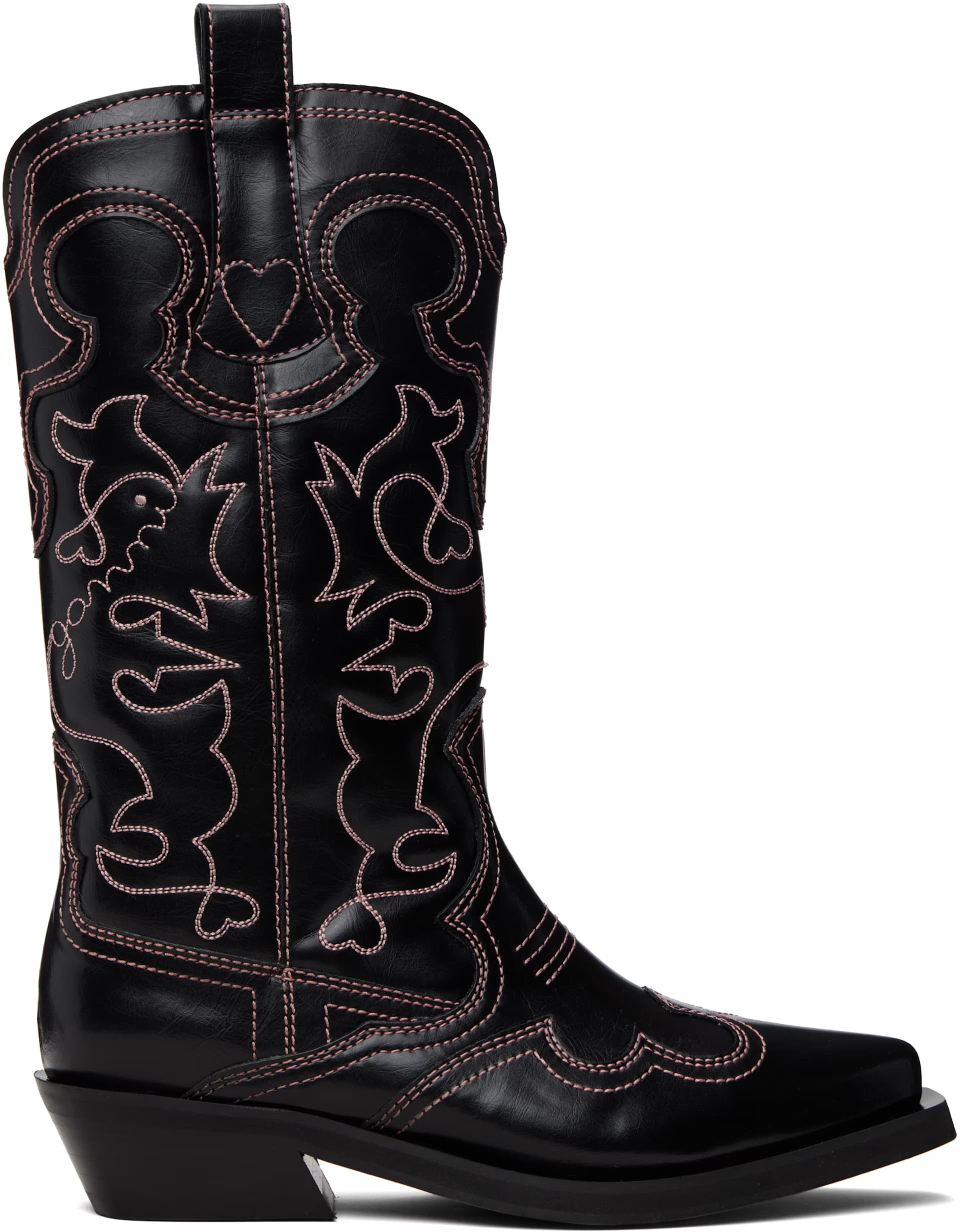 Black Mid Shaft Embroidered Western Boots by GANNI