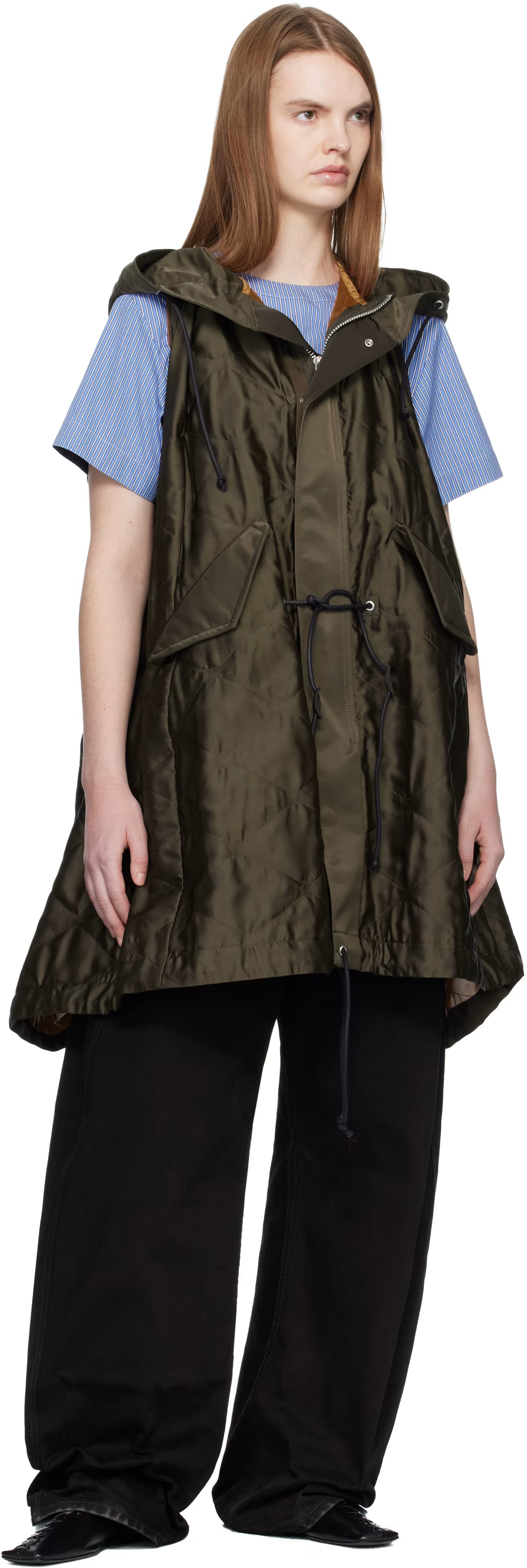 Khaki Quilted Satin Hooded Vest by sacai