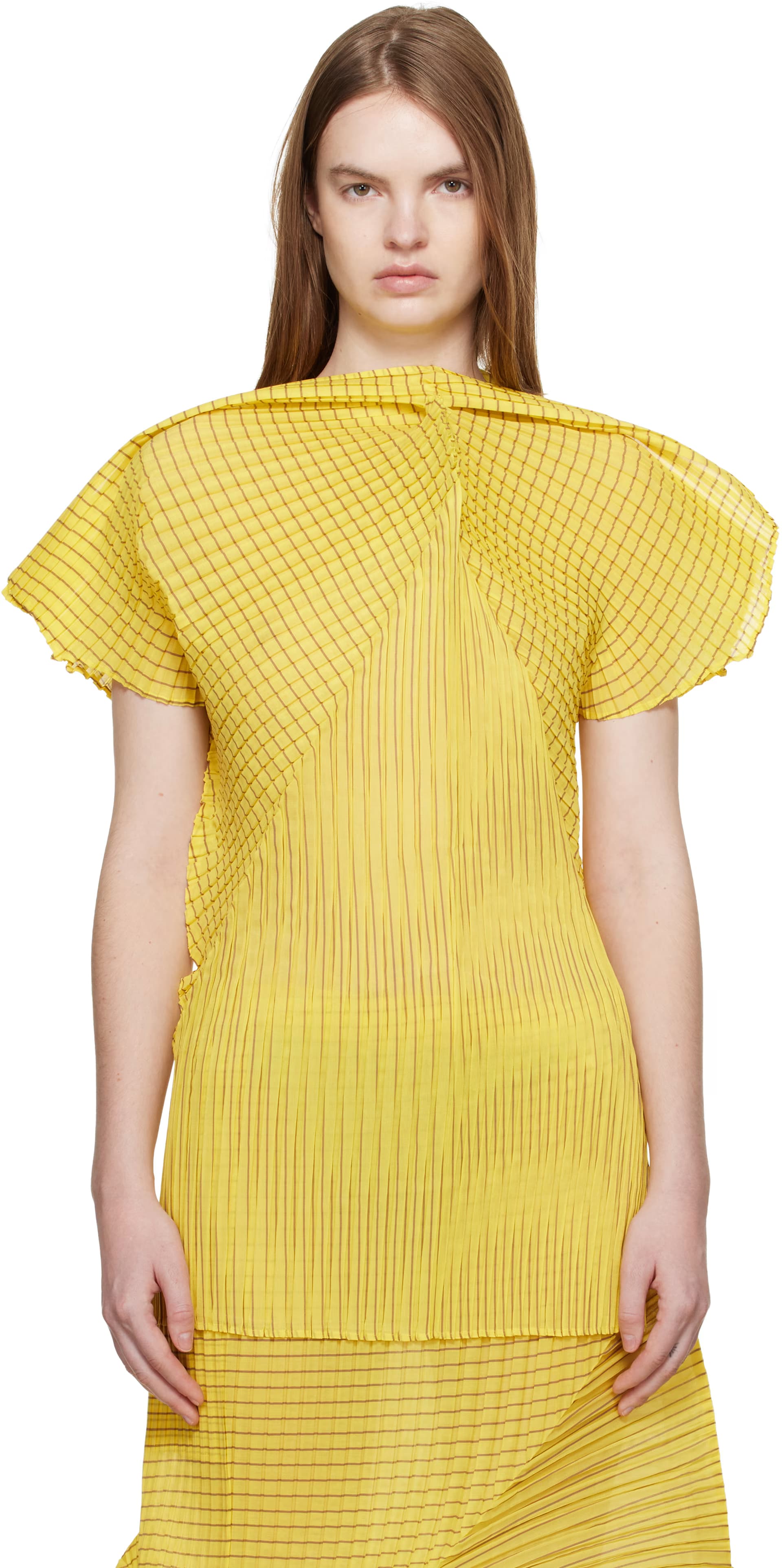 Yellow Generic Stripes Machine Pleats Blouse by ISSEY MIYAKE