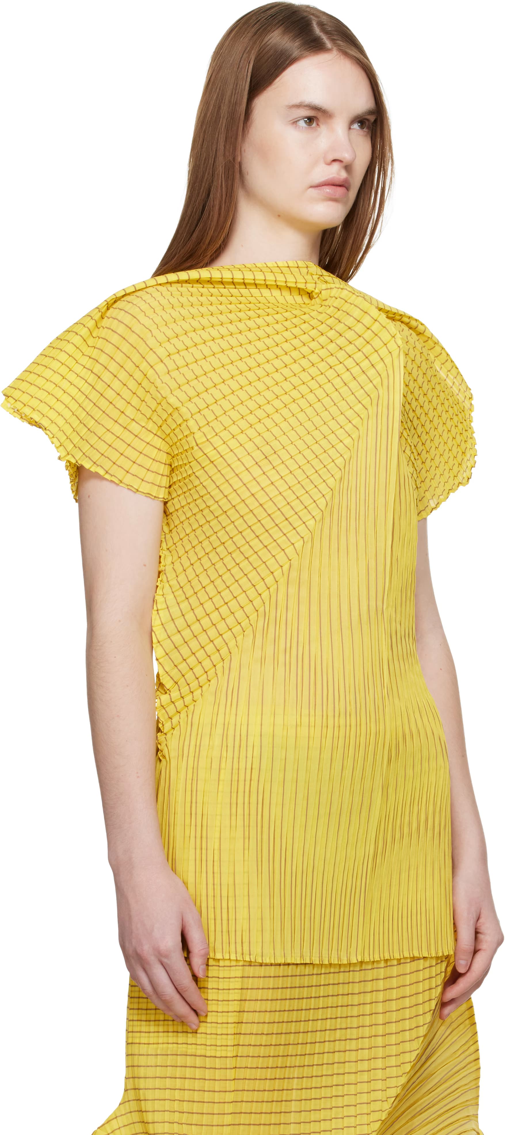 Yellow Generic Stripes Machine Pleats Blouse 2