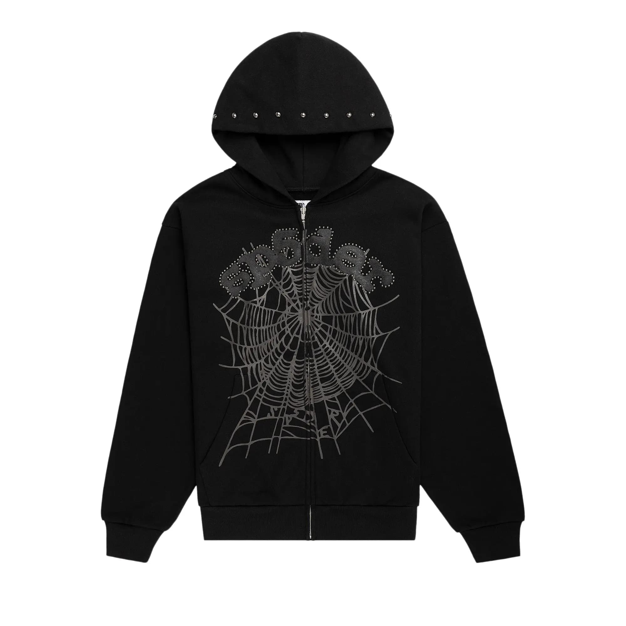 Sp5der Og Web Studded Zip Hoodie 'Black' by SP5DER