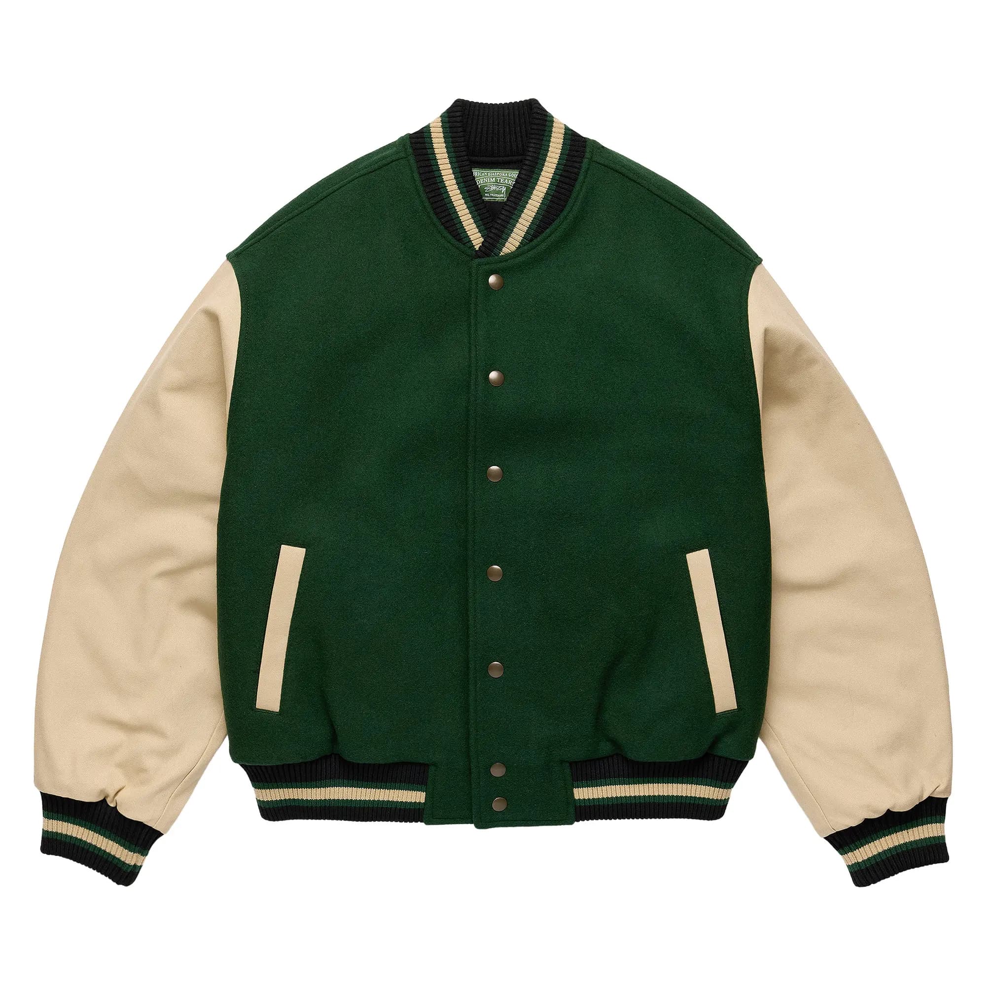 Denim Tears StüSsy Tears Double S Wreath Varsity Jacket 'Green' by Denim Tears