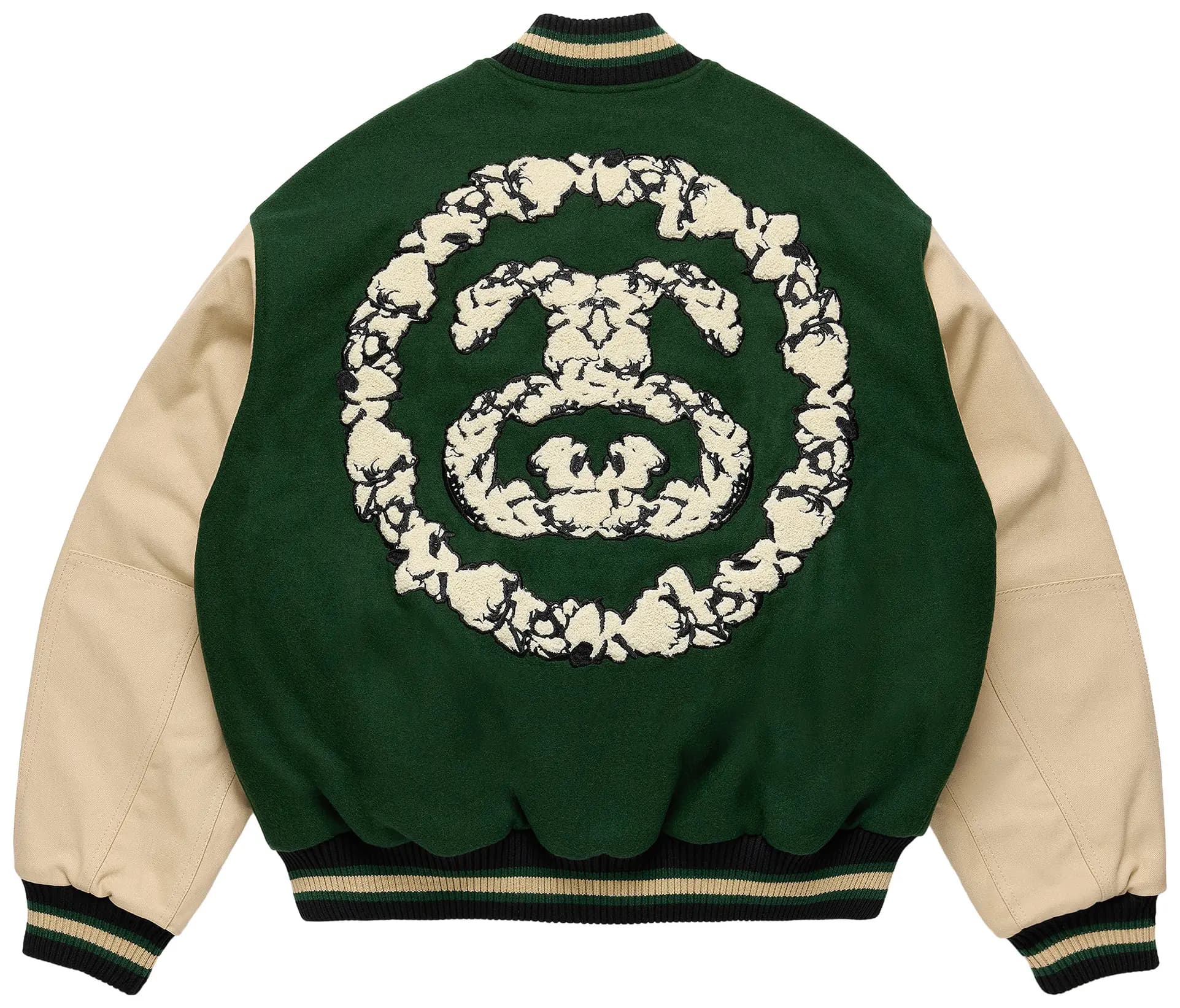 Denim Tears StüSsy Tears Double S Wreath Varsity Jacket 'Green' by Denim Tears