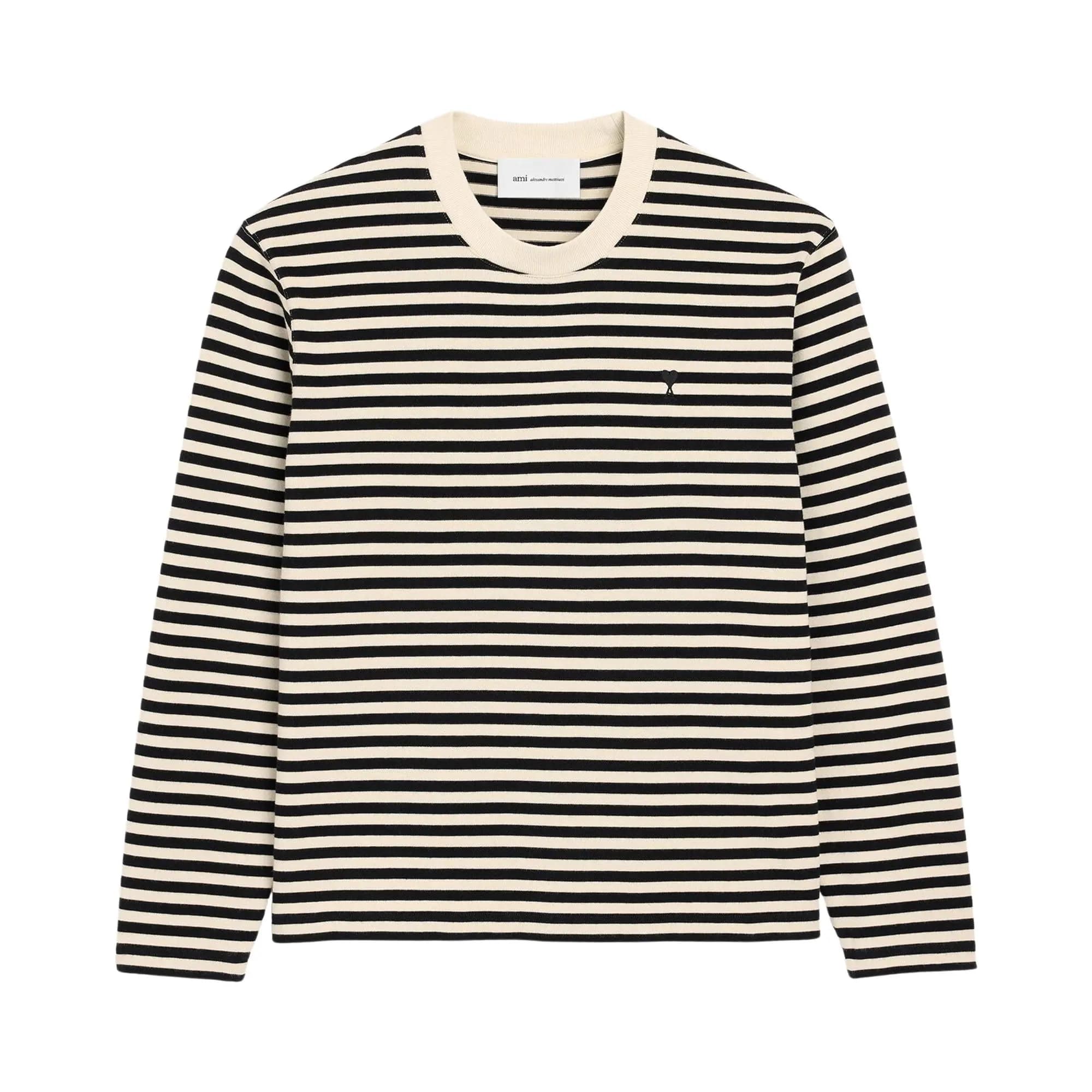 Ami Black And White Mariniere Cotton T-Shirt With Ami De Coeur 'Black/Ivory' by Ami