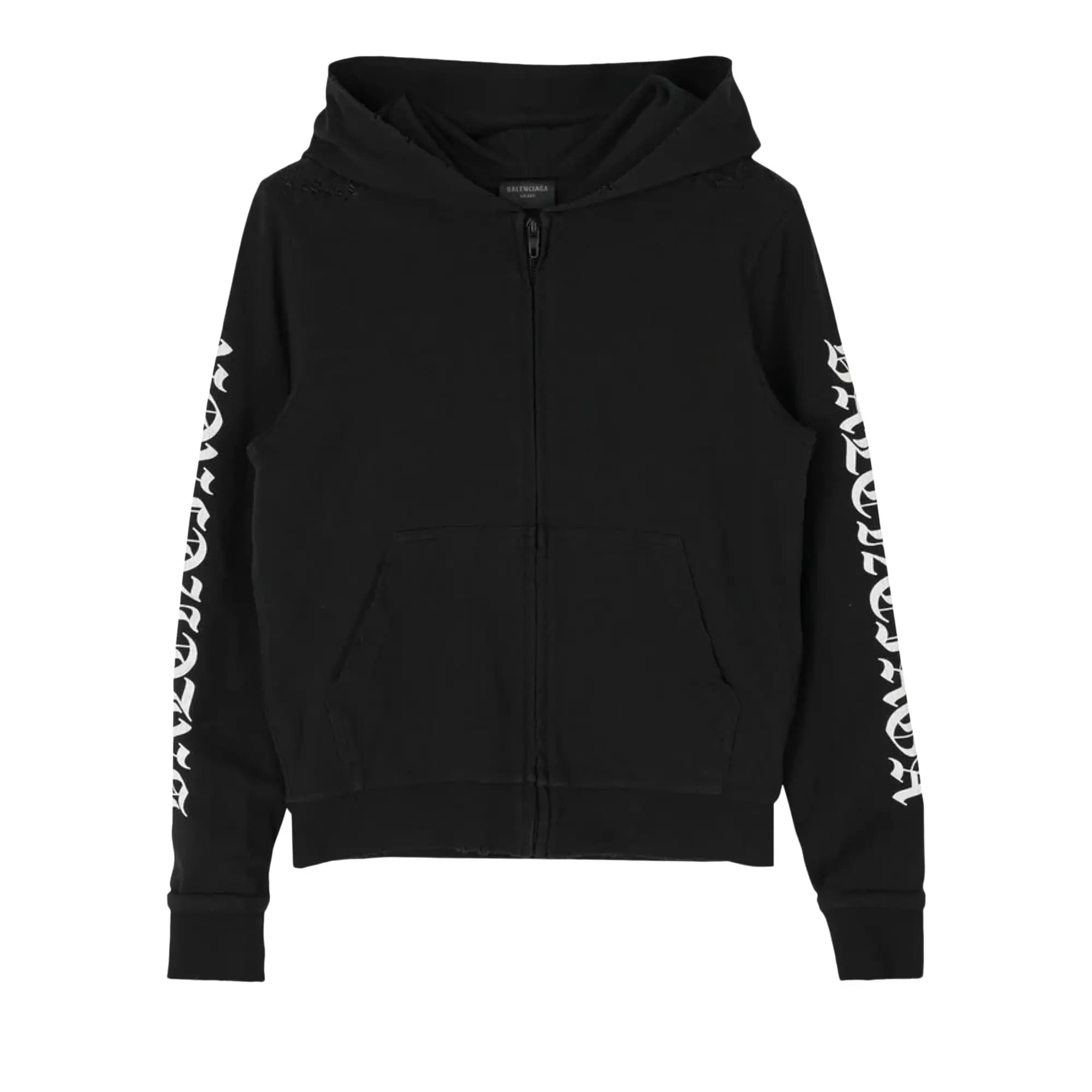 Balenciaga Fitted Distressed Logo Zip Up Hoodie 'Faded Black/White' by Balenciaga