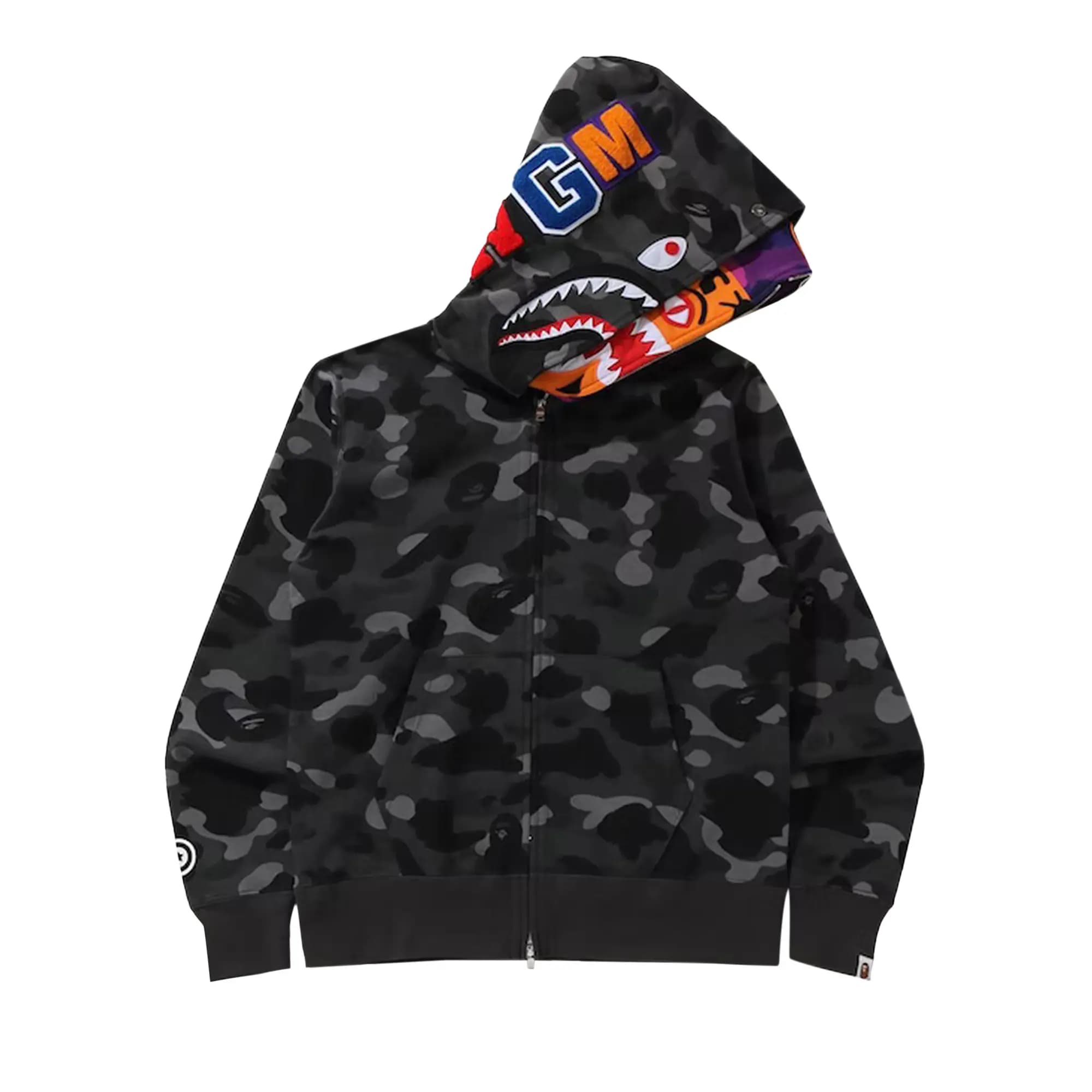 BAPE Color Camo Tiger Shark Wide Full Zip Double Hoodie 'Black' by BAPE