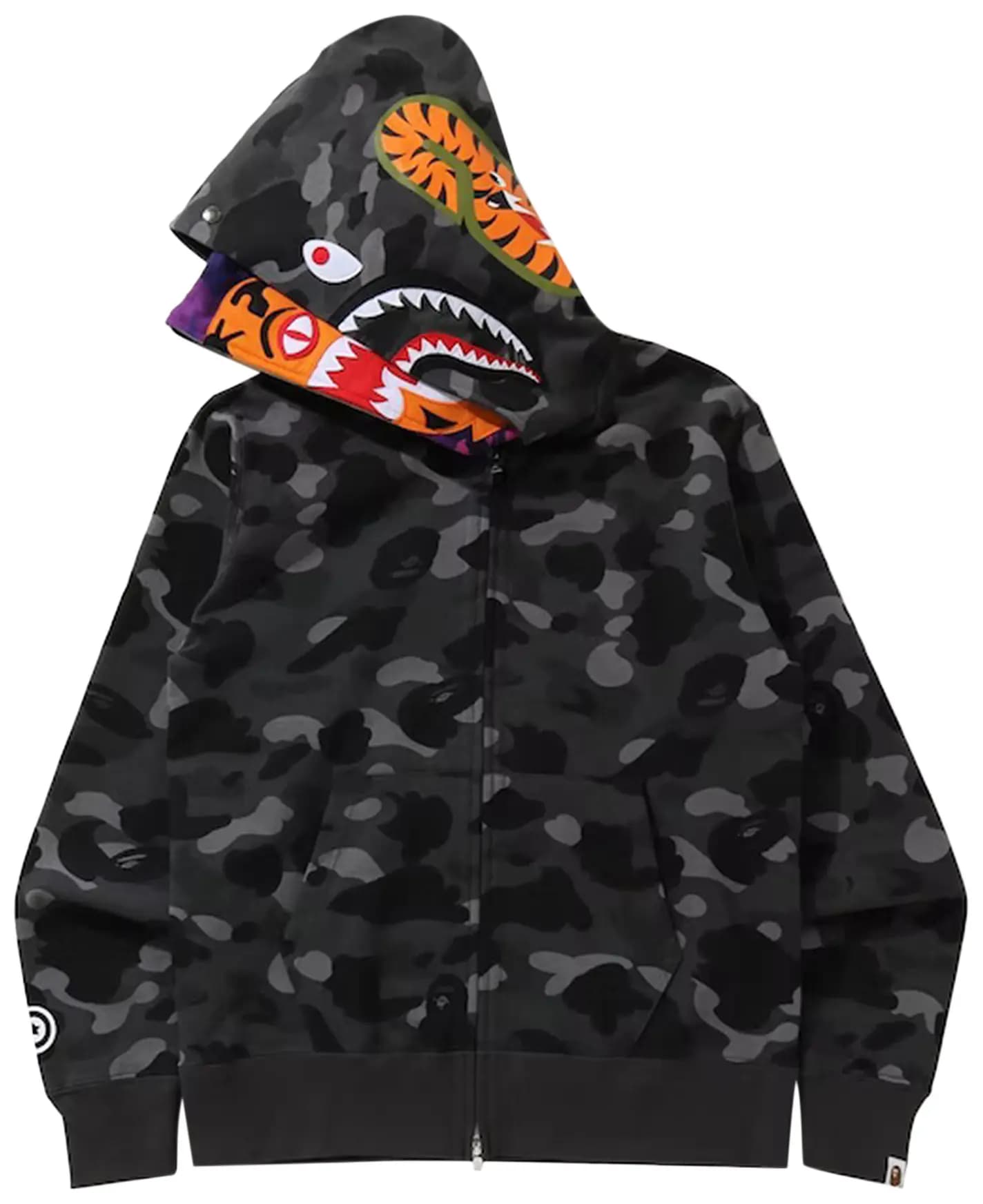 BAPE Color Camo Tiger Shark Wide Full Zip Double Hoodie 'Black' 2