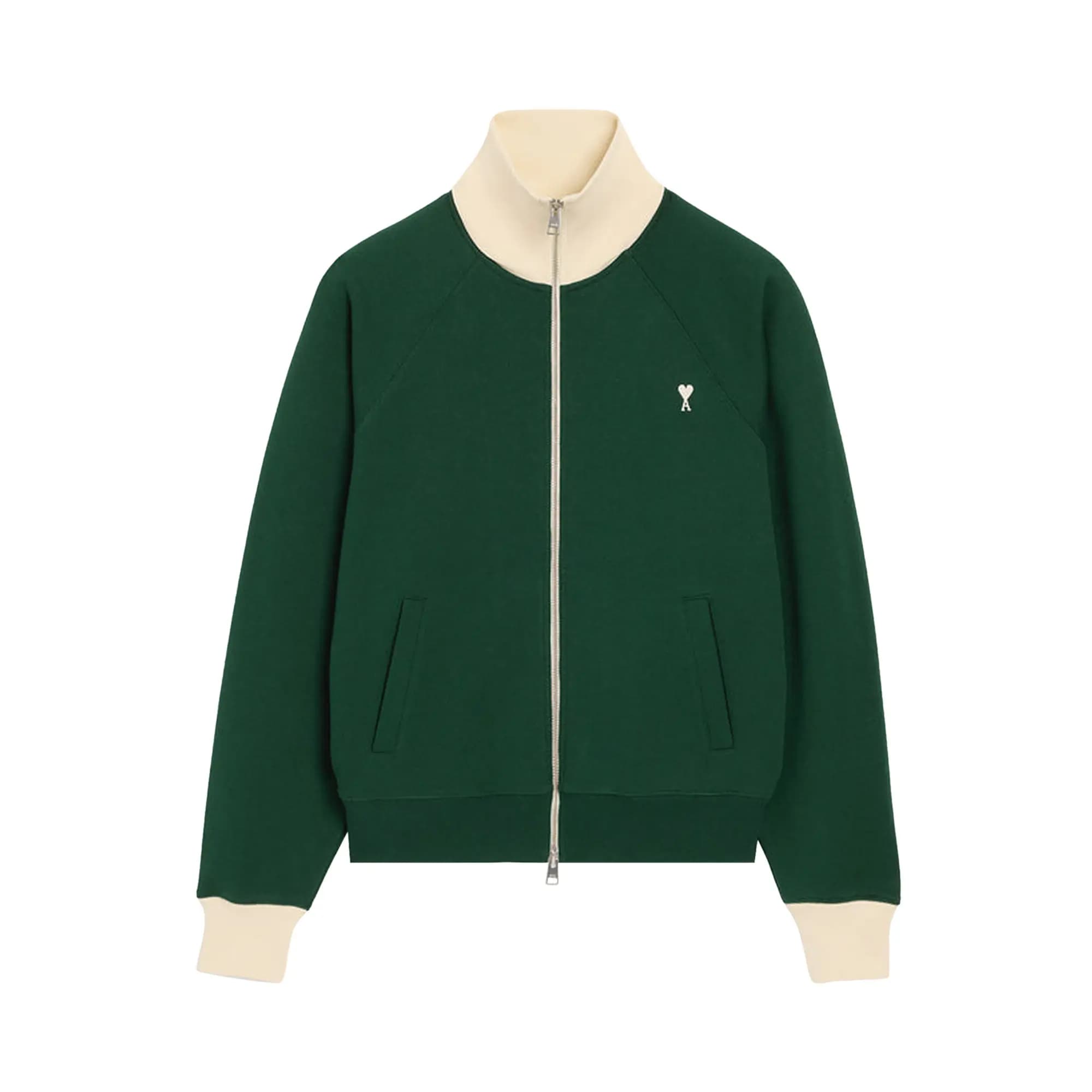 Ami Quota Bicolor Zipped Sweatshirt With Off White De Coeur Embroidery 'Vert Bouteille/ Ivoire' by Ami