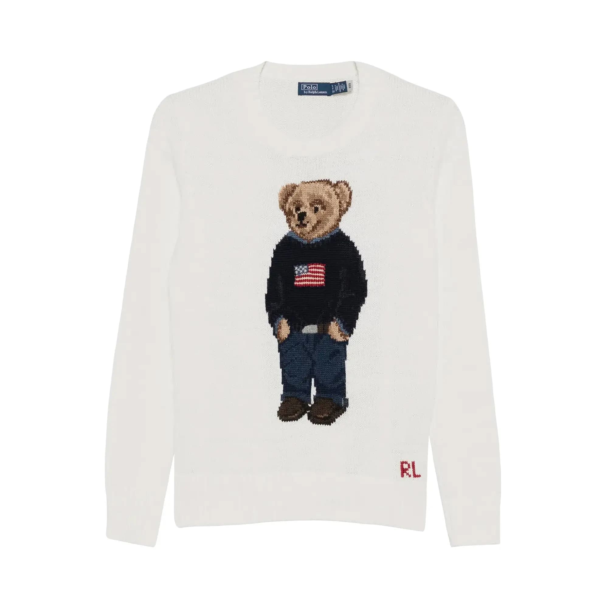 Polo Ralph Lauren Cotton/Linen Bear-Bear Sweater-Long Sleeve-Pullover 'Deckwash White Multi' by Polo Ralph Lauren
