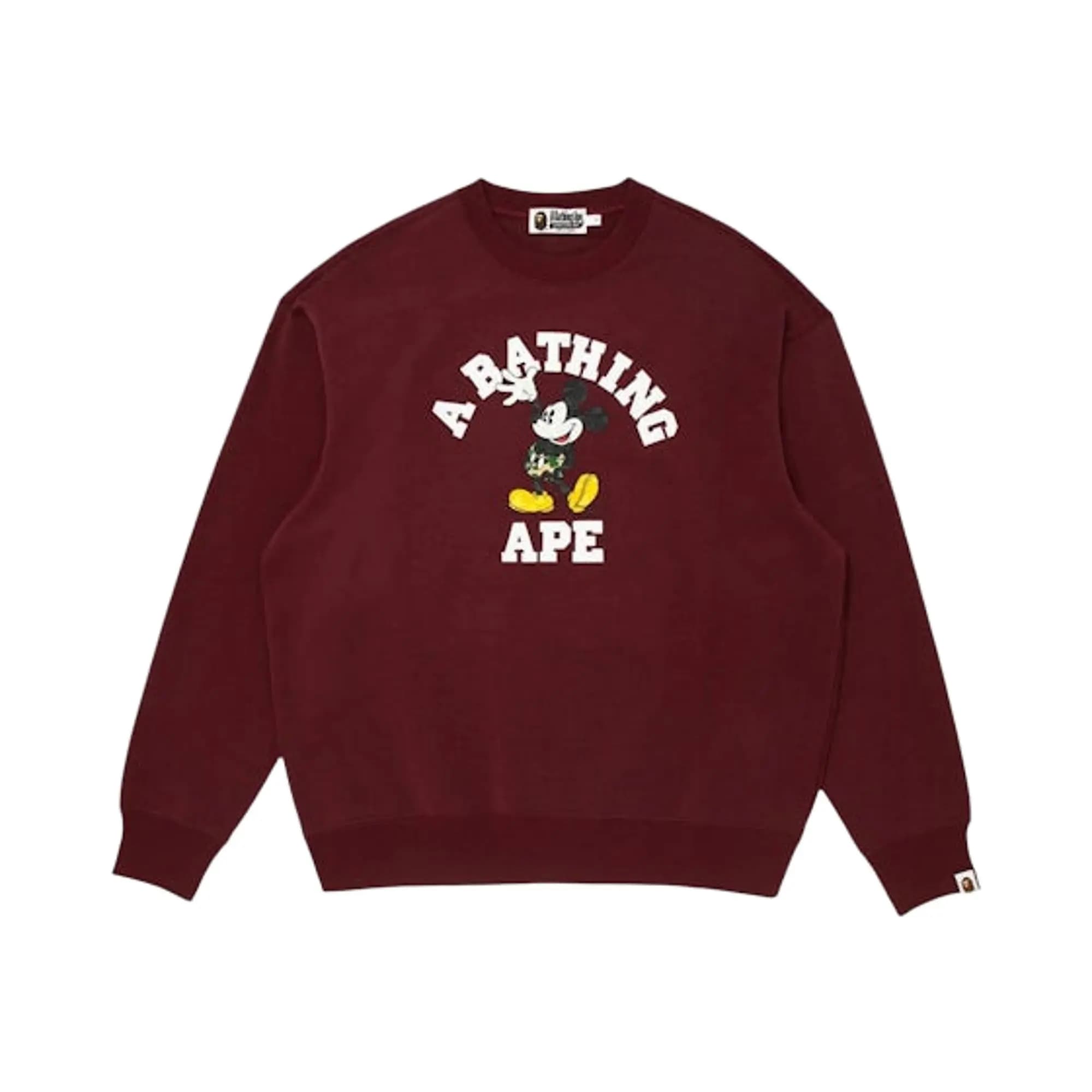 BAPE X Disney Mickey Mouse College Relaxed Fit Crewneck 'Burgundy' by BAPE