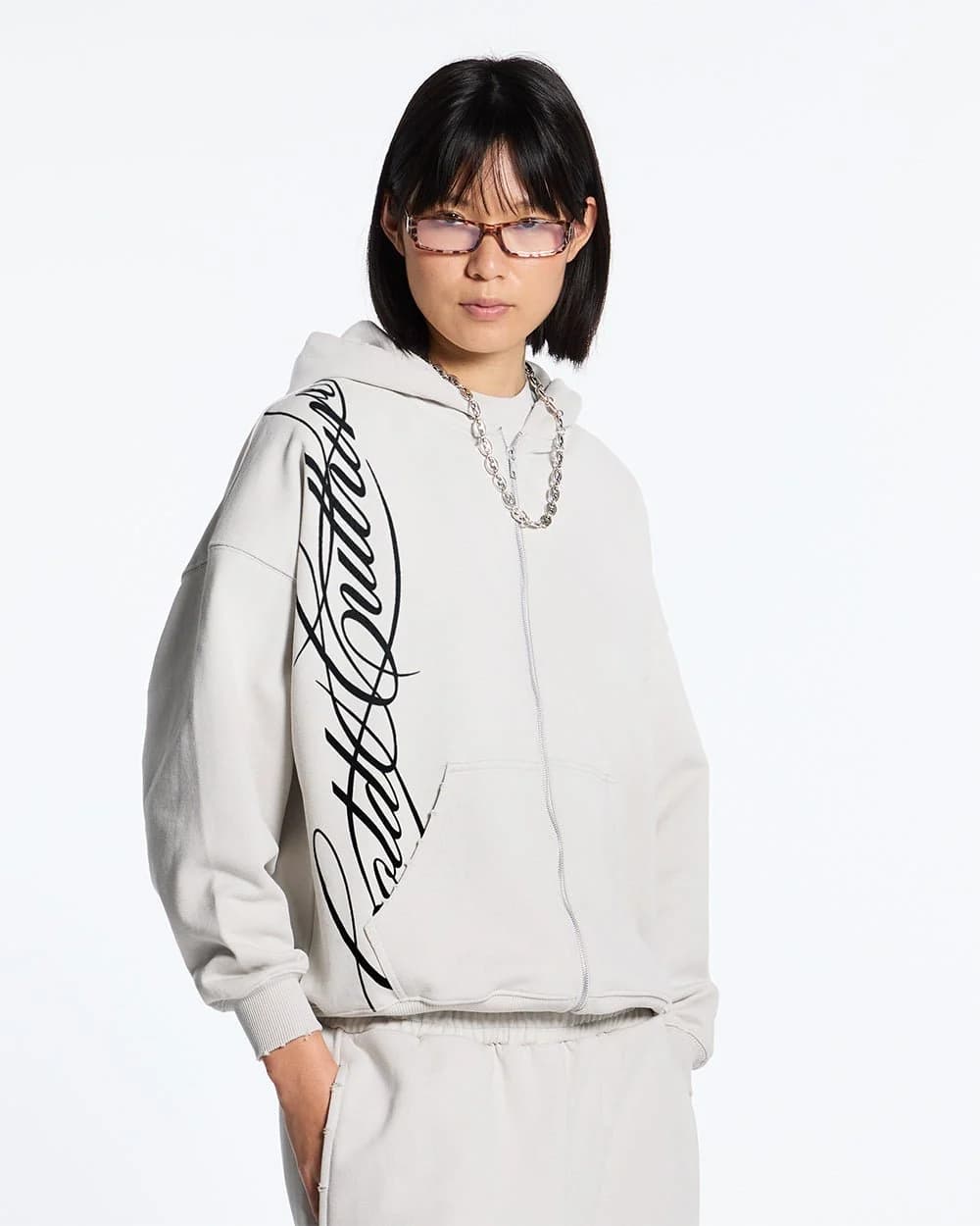 SCRIPT ZIP HOODIE LIGHT GREY 5
