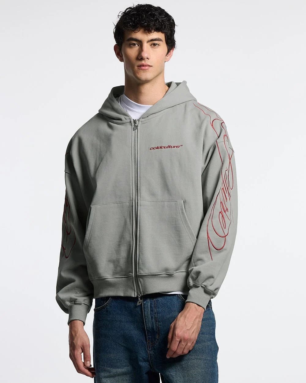NEW SCRIPT ZIP HOODIE GREY & RED 2