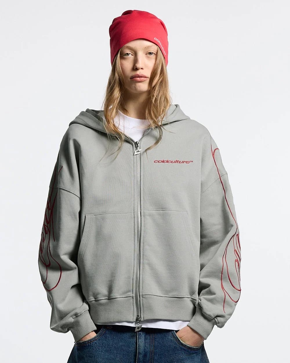NEW SCRIPT ZIP HOODIE GREY & RED 6