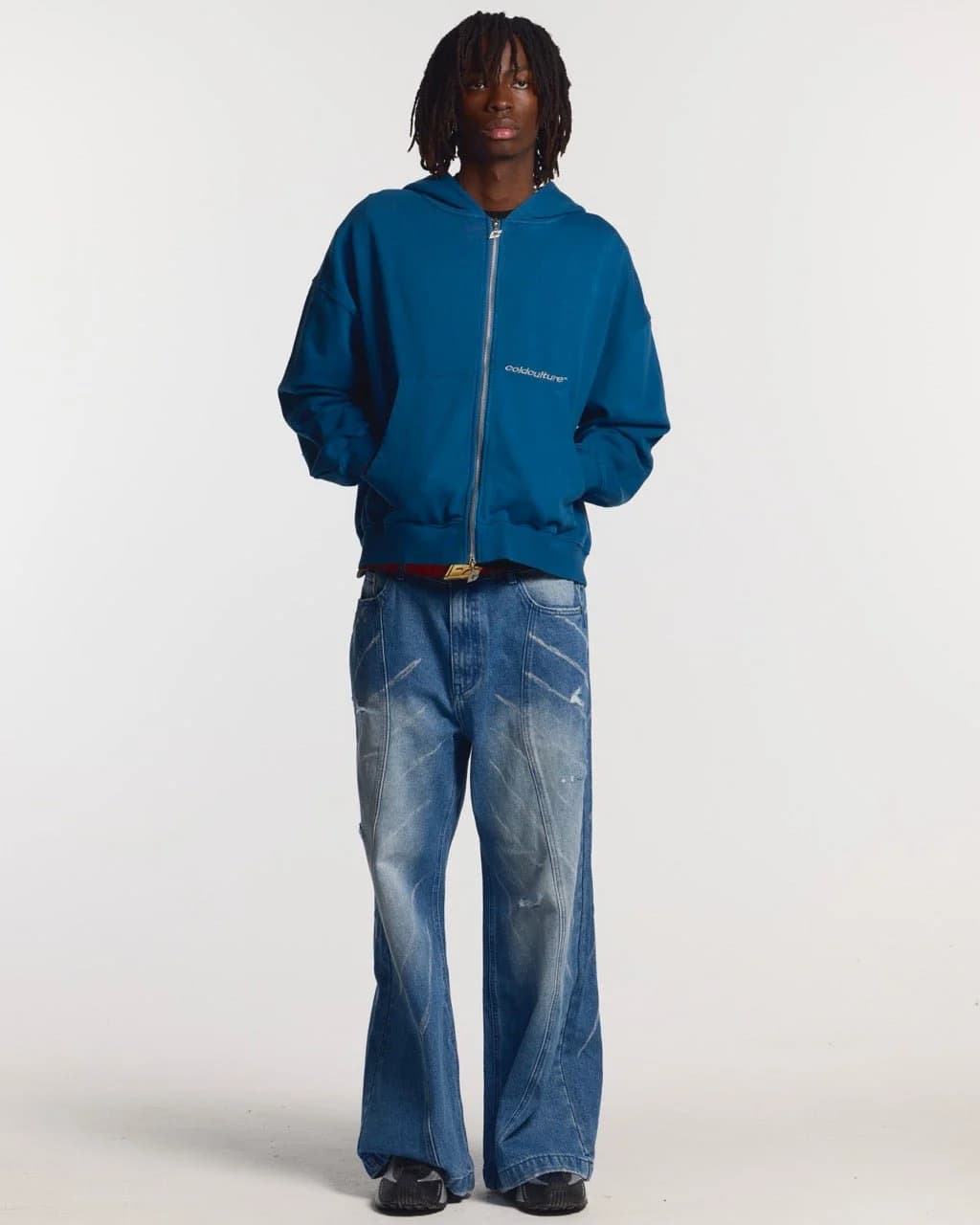 DISTRESS CURVED ZIP HOODIE DARK BLUE 4